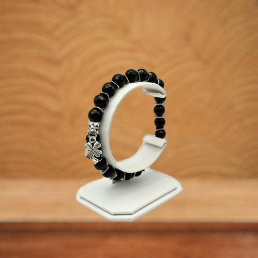 Black Tourmaline Gemstone Silver Charm Stretch Bracelet