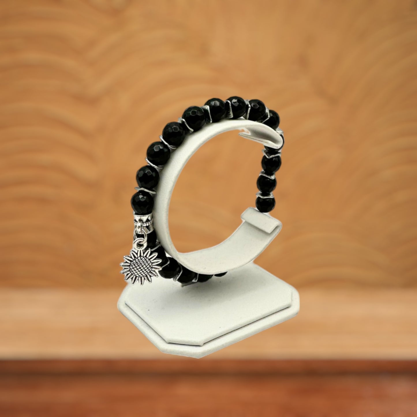 Black Tourmaline Gemstone Silver Charm Stretch Bracelet