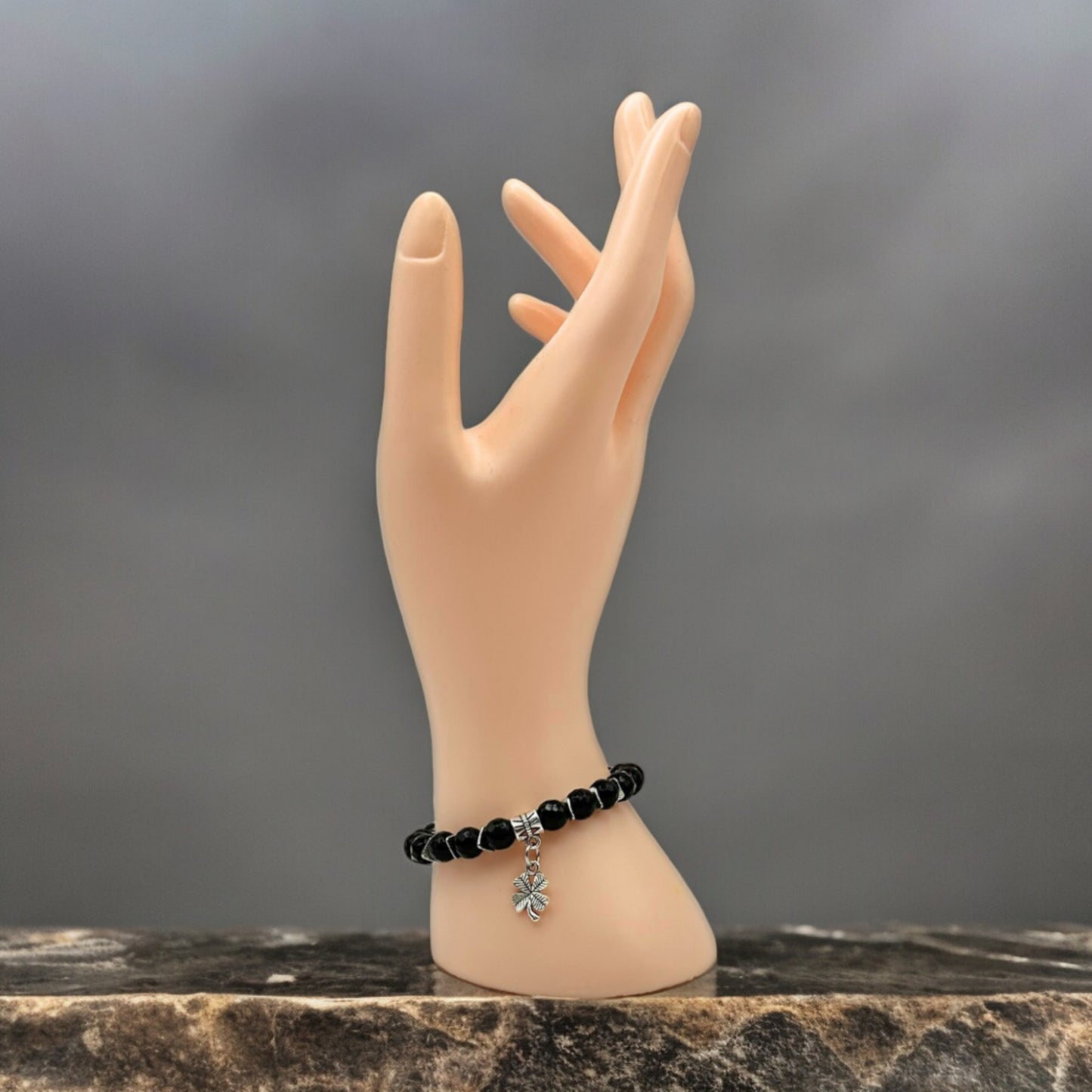 Black Tourmaline Gemstone Silver Charm Stretch Bracelet