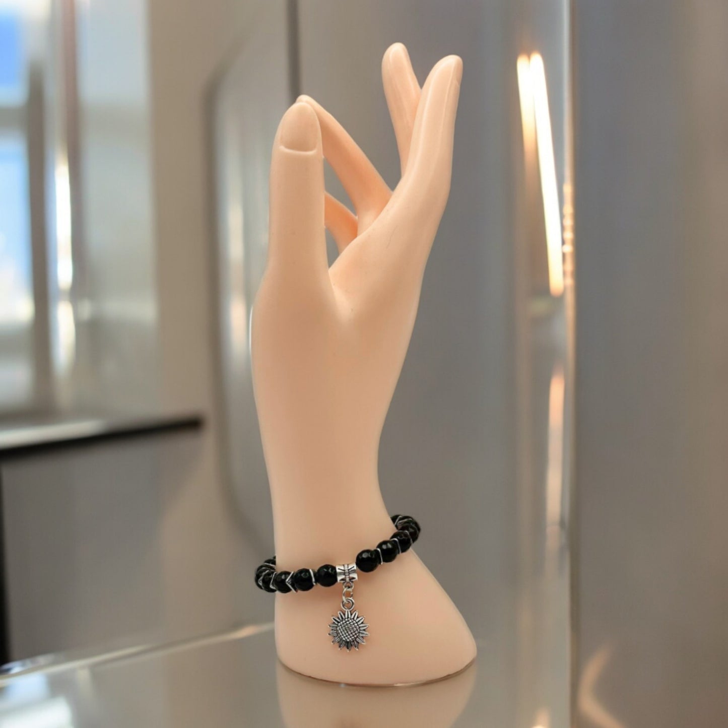 Black Tourmaline Gemstone Silver Charm Stretch Bracelet