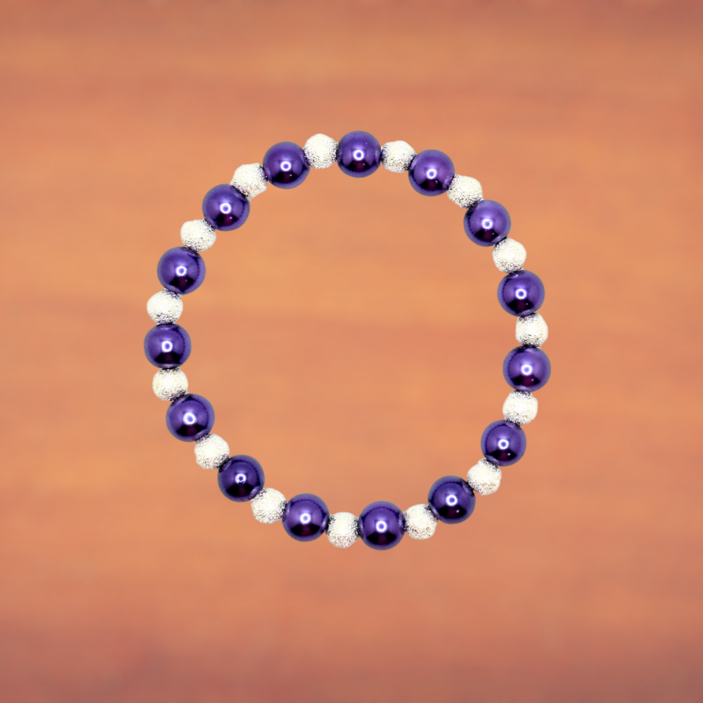 Purple Glass Pearls and Silver Stardust Metal Beads Stretch Bracelet