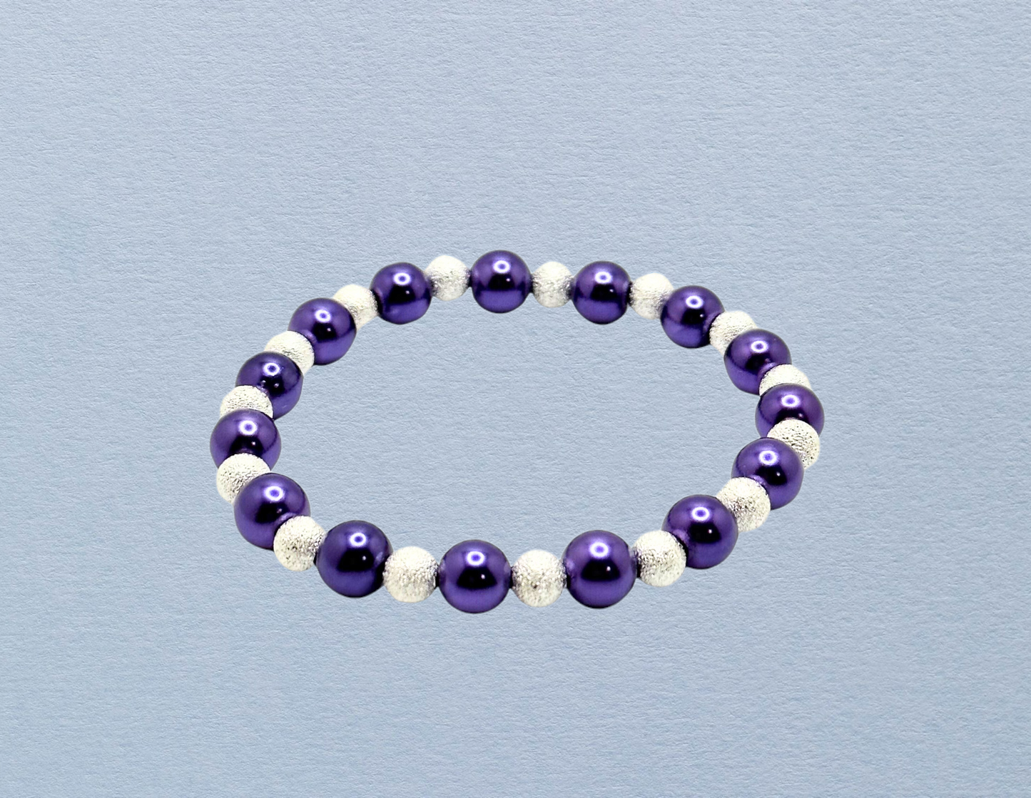 Purple Glass Pearls and Silver Stardust Metal Beads Stretch Bracelet