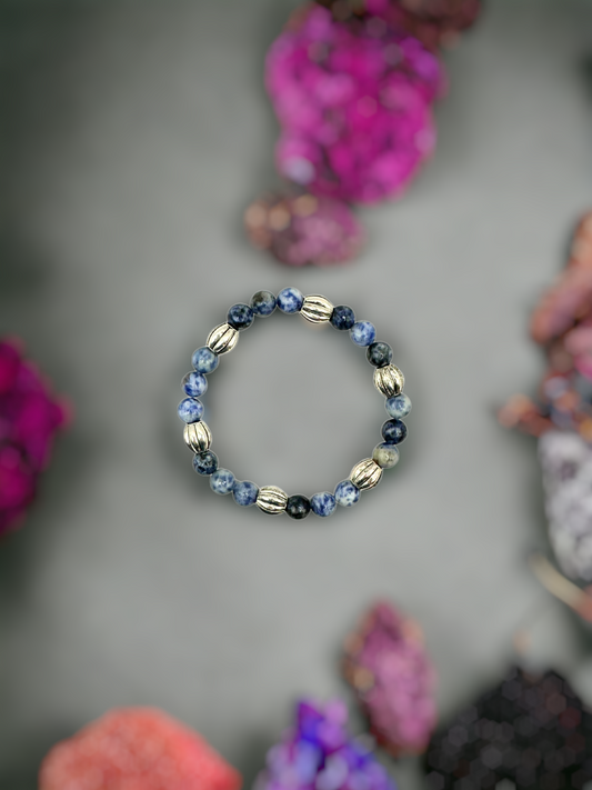 Sodalite Gemstone Antique Silver-finished Pewter Barrel Beads Stretch Bracelet