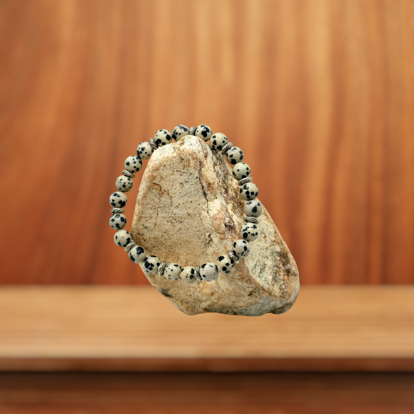 Dalmatian Jasper Gemstone Antique Silver-finished Pewter Stretch Bracelet