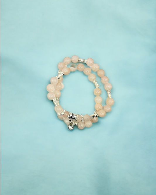 Rose Quartz Gemstone Rhinestone Charm Stretch Bracelet