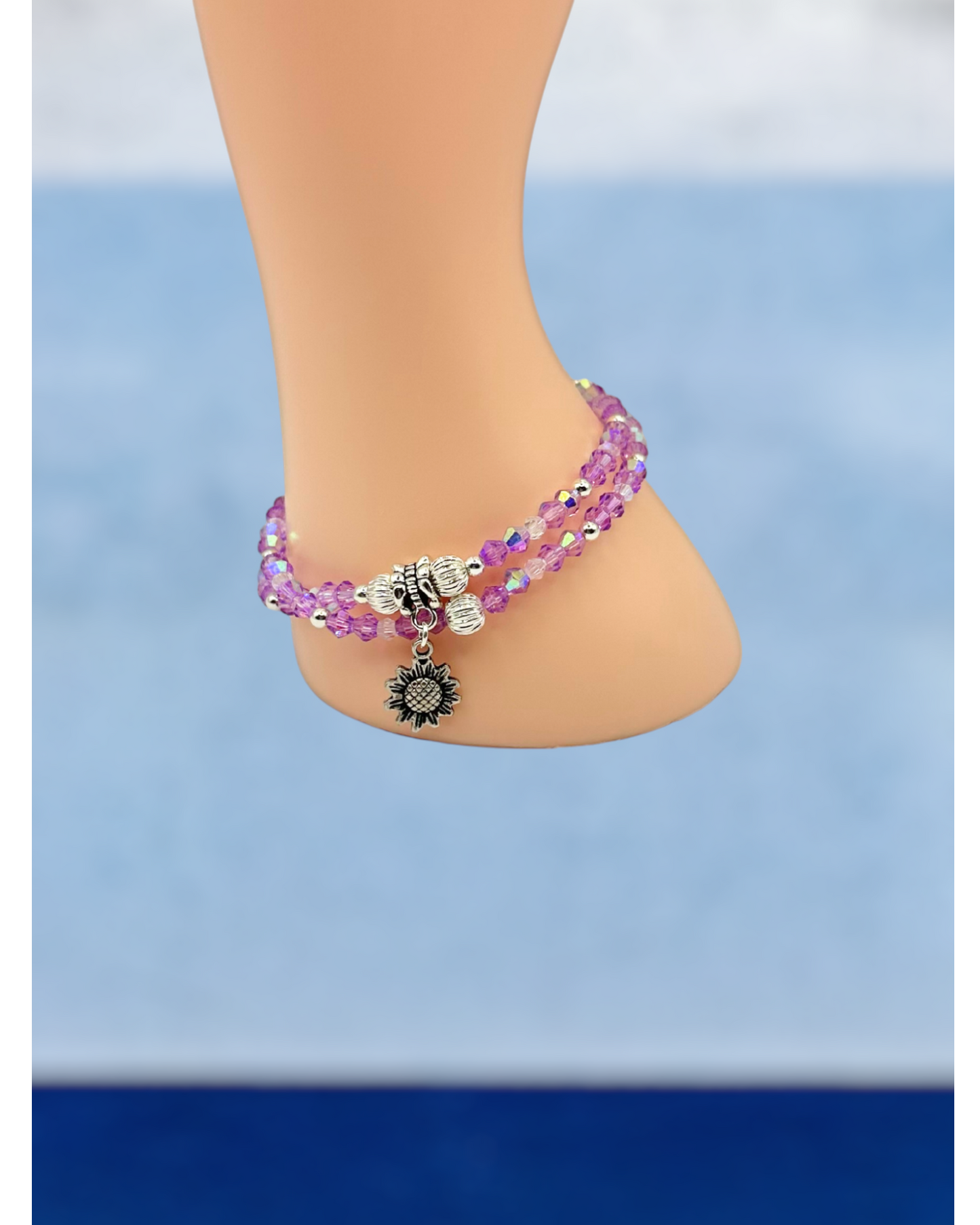 Crystals and Tibetan Silver Metal Charm Stretch Bracelet