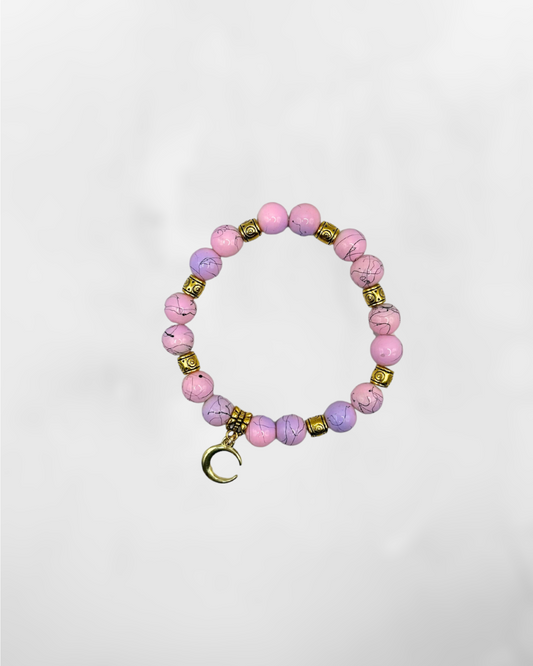 Pink & Purple Glass Bead Charm Antique-Gold Stretch Bracelet