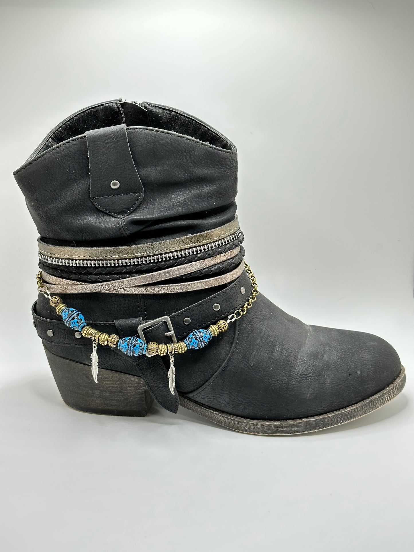 Tibetan Silver Metal Feathers Acrylic Blue Silver Boot Bracelet