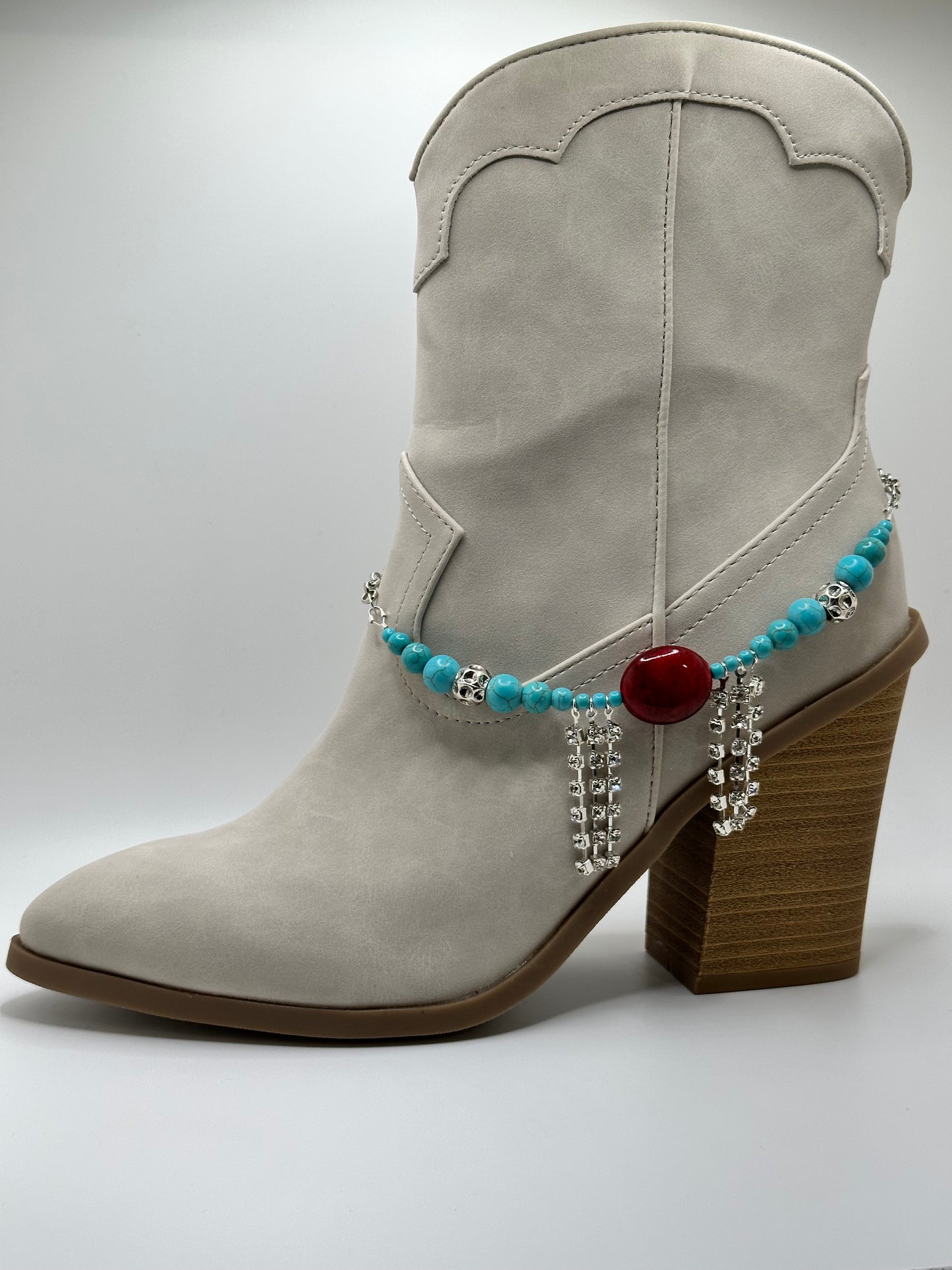 Natural Turquoise gemstones Rhodium Tibetan Silver Rhinestones Boot Bracelet