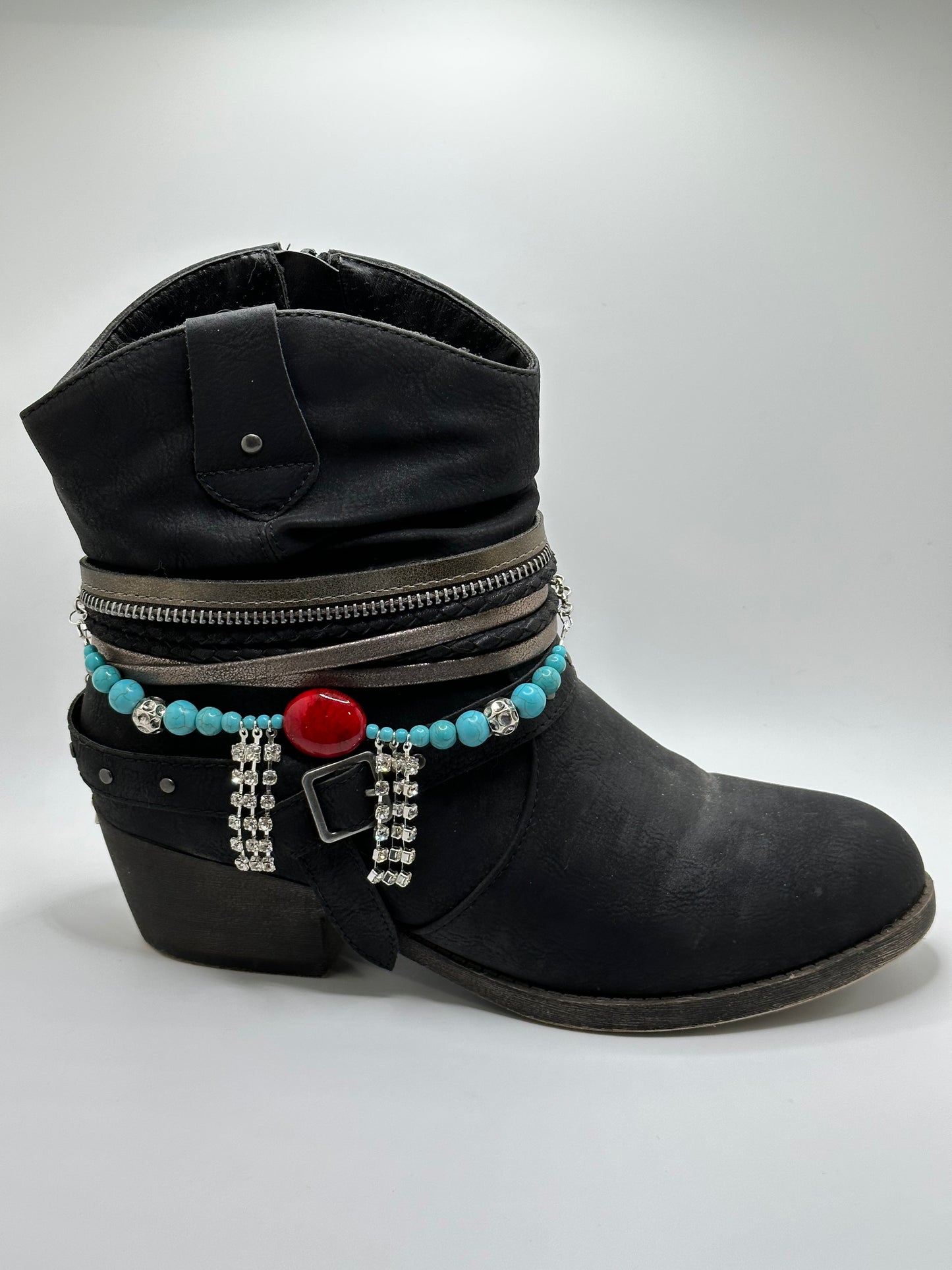 Natural Turquoise gemstones Rhodium Tibetan Silver Rhinestones Boot Bracelet