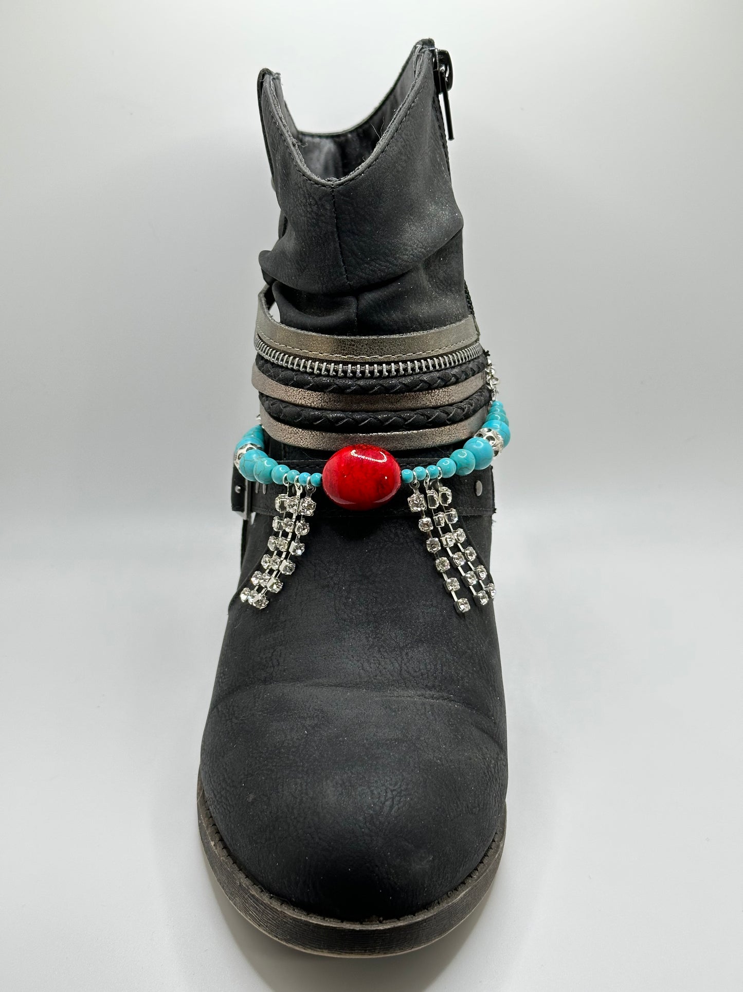 Natural Turquoise gemstones Rhodium Tibetan Silver Rhinestones Boot Bracelet