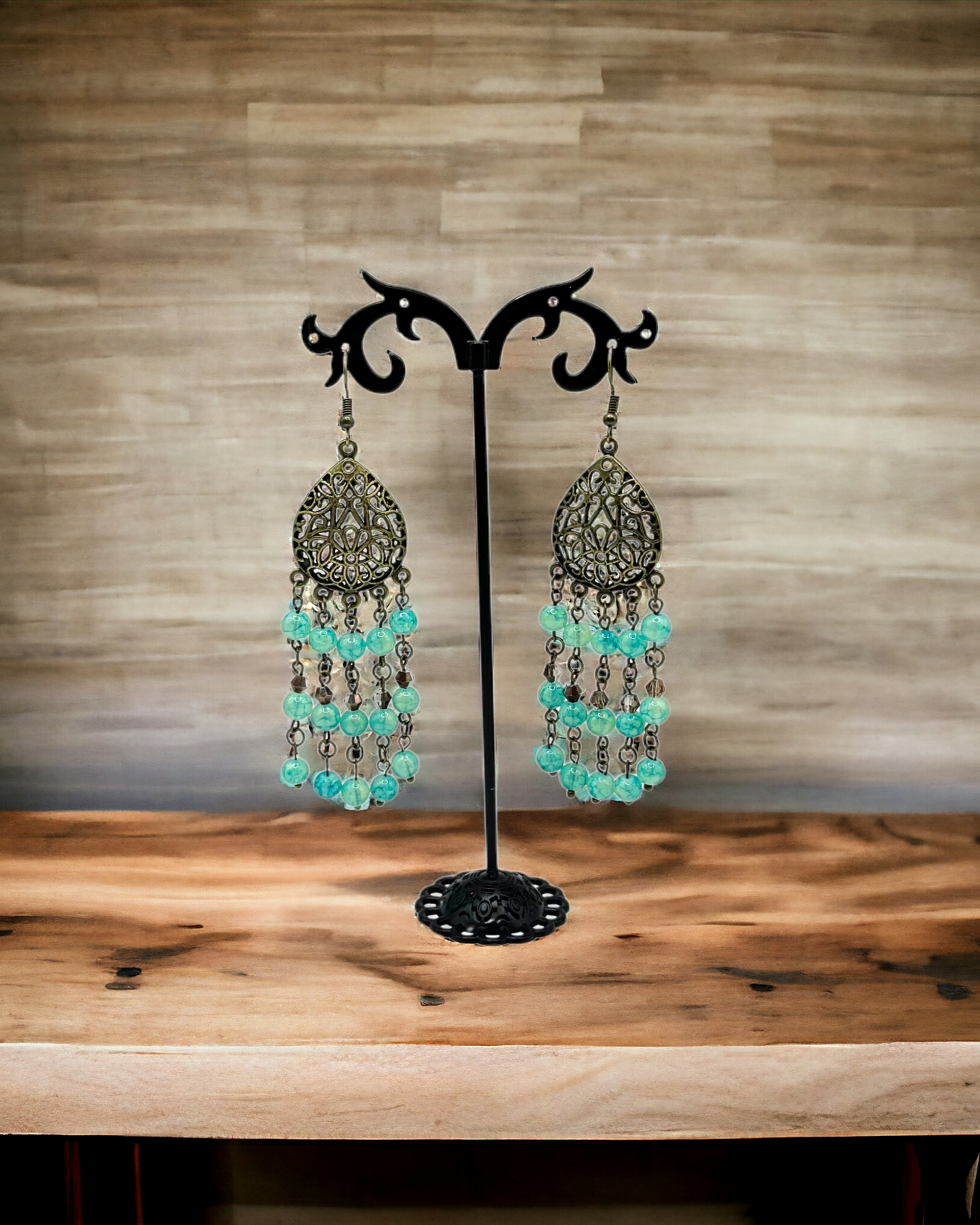 Bronze Filigree Focal Glass Bead Crystals Dangle Earrings