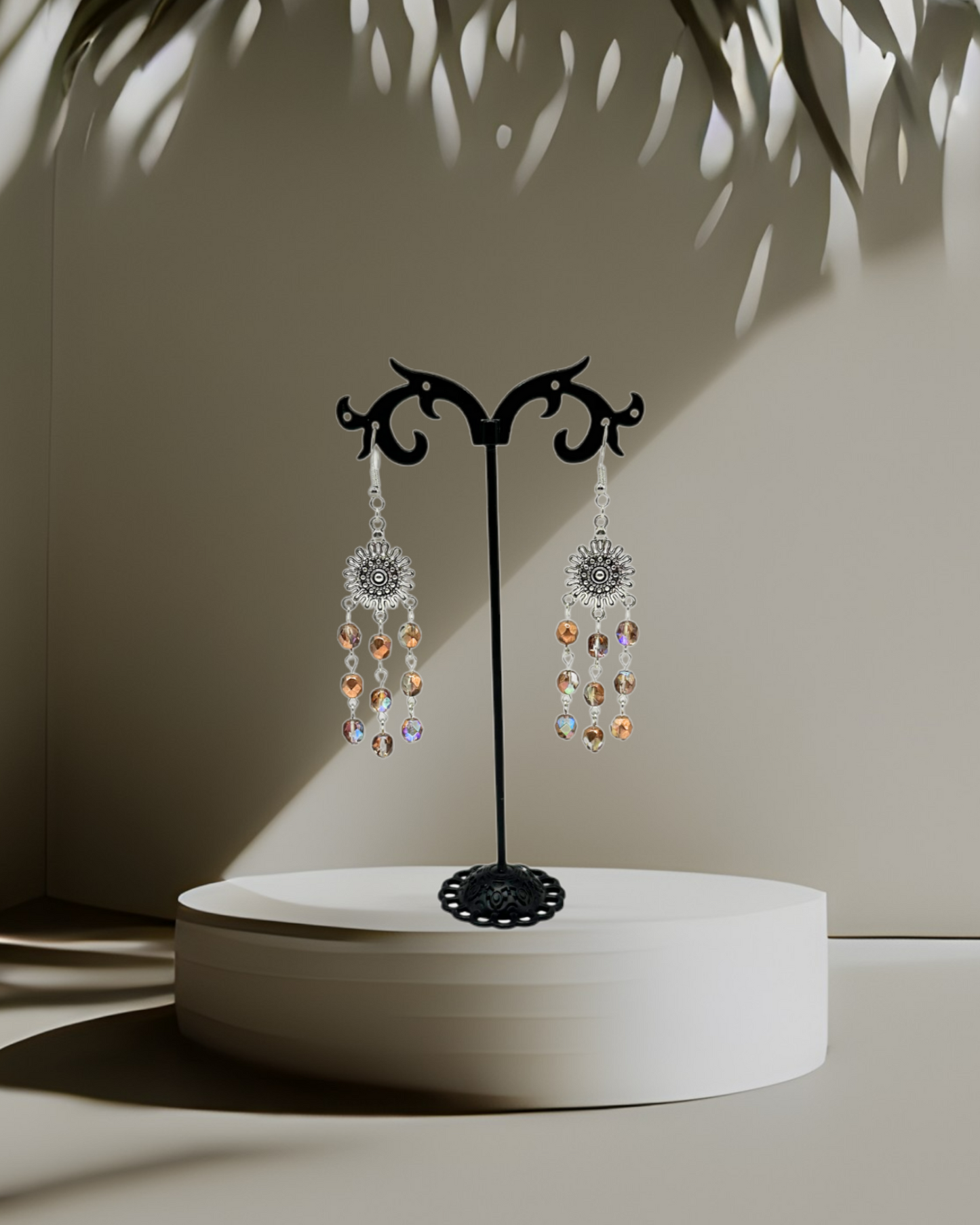 Rose Gold Czech Glass Tibetan Silver Sunburst Focal Dangle Earrings