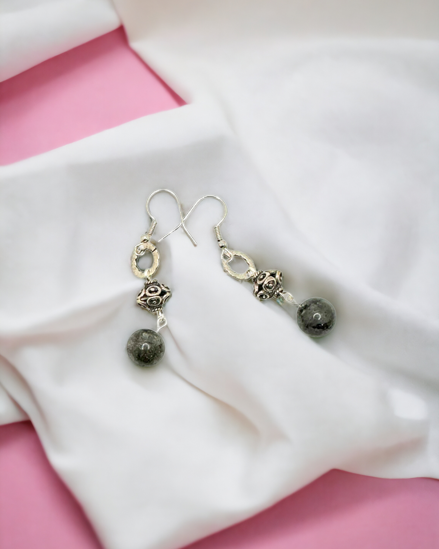 Black Larvikite Gemstone Antique Silver Silver-plated Drop Earrings