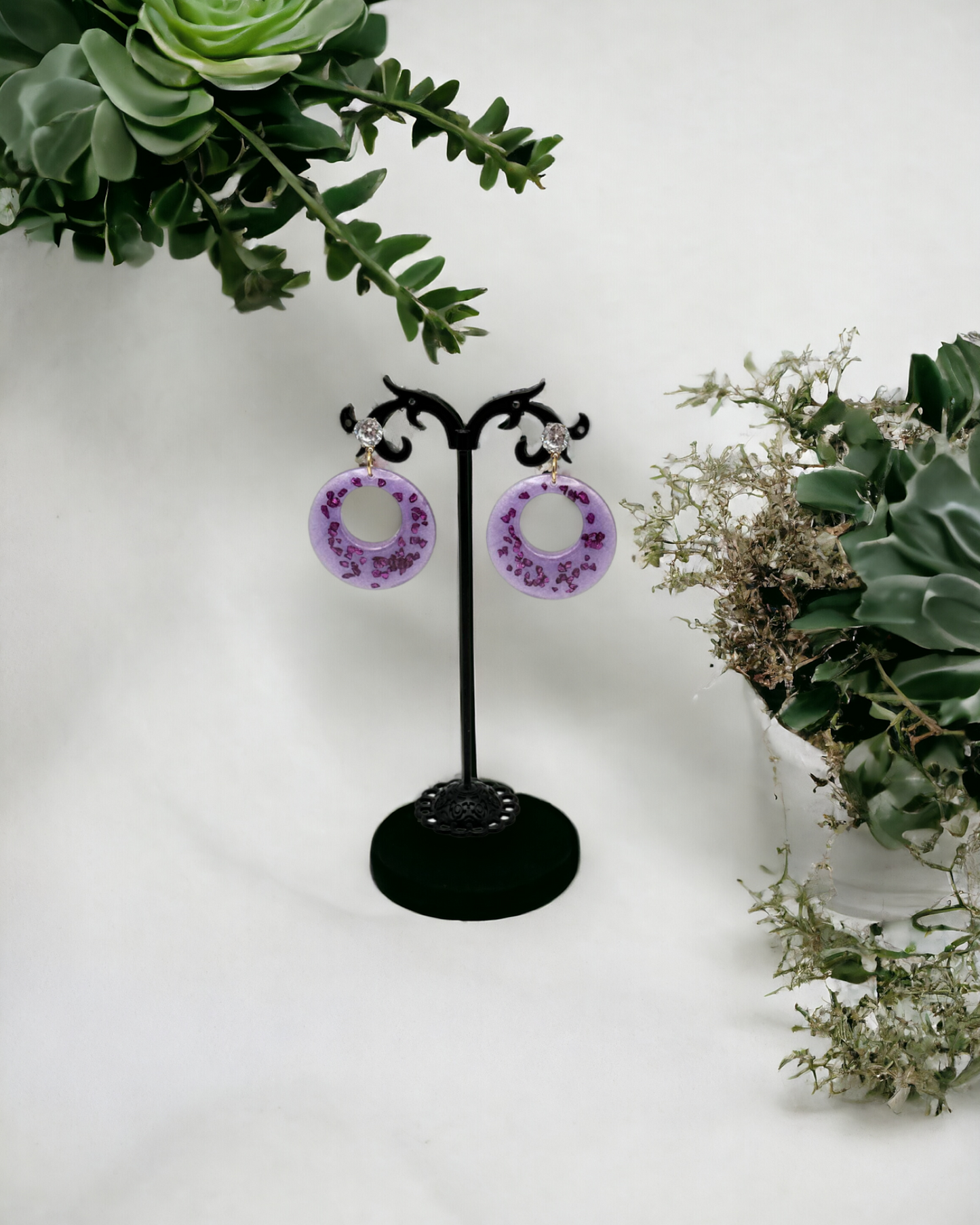 Round Purple Earrings with Purple Glass and Cubic Zirconia Gold-Plated Posts