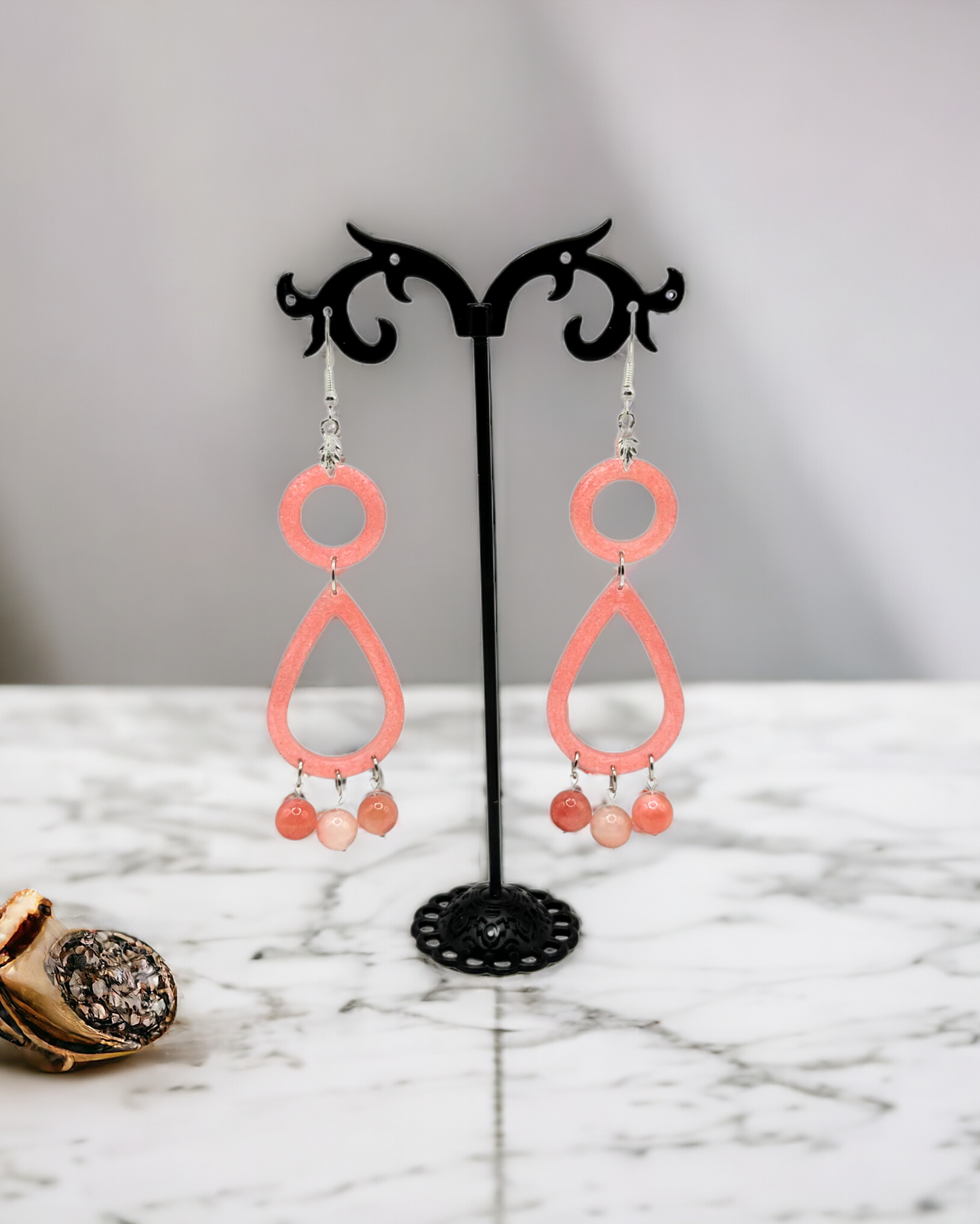 Pink Teardrop with Jade Beads Earrings