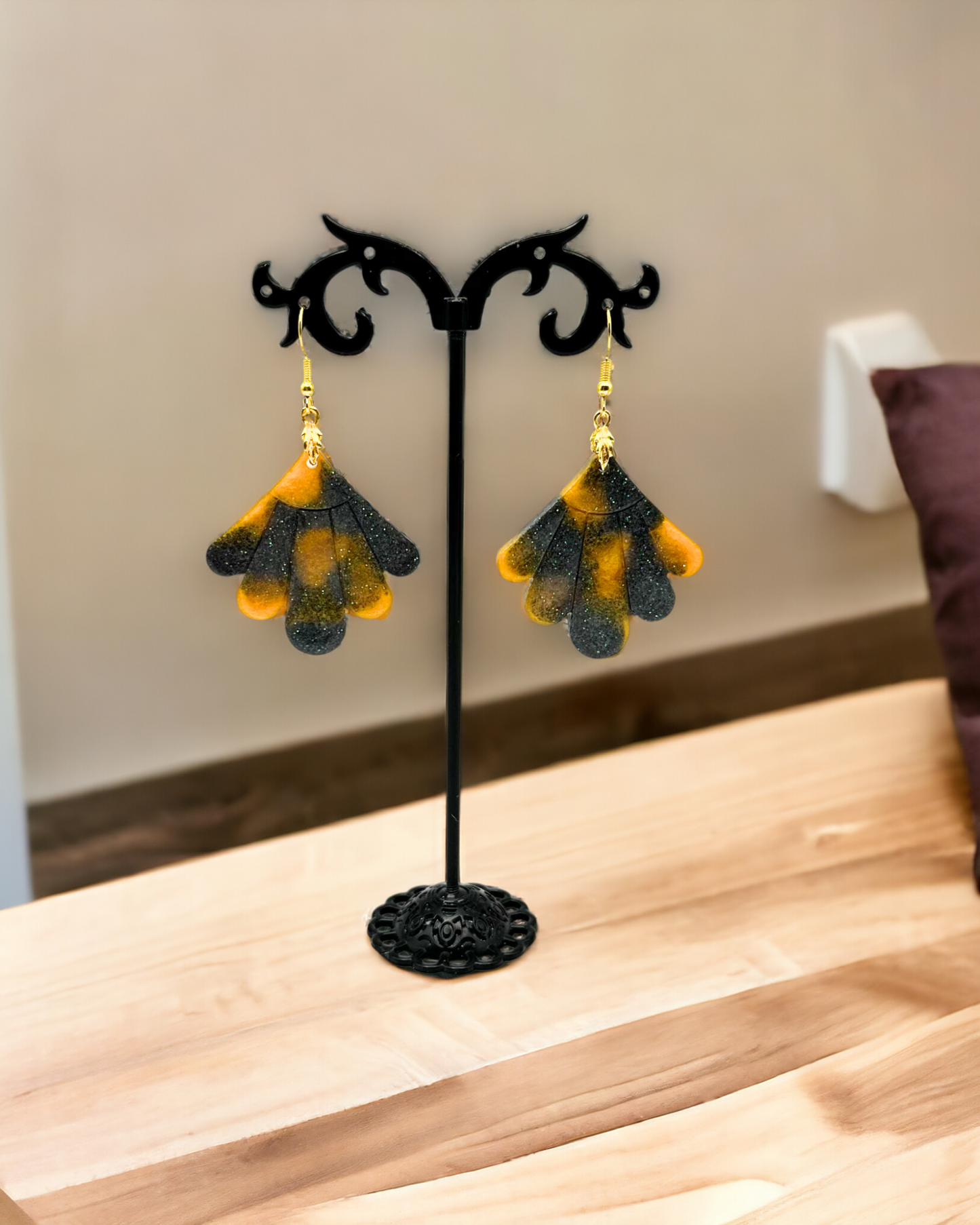 Dark Brown and Gold Fan Earrings