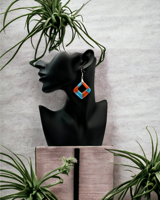 Aqua and Burnt Orange Square Cut-out Earrings