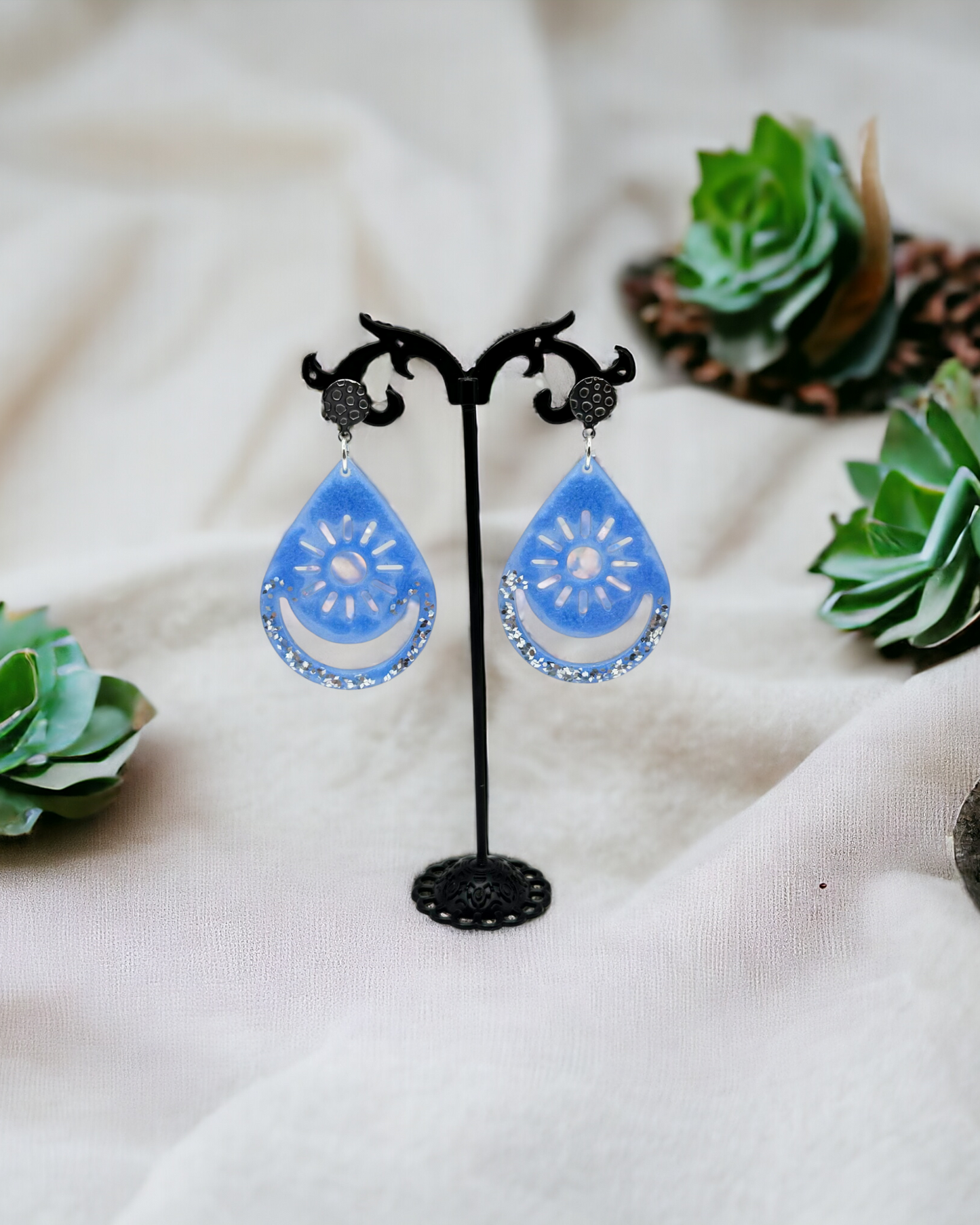 Large Blue Teardrop with Silver Accents Earrings