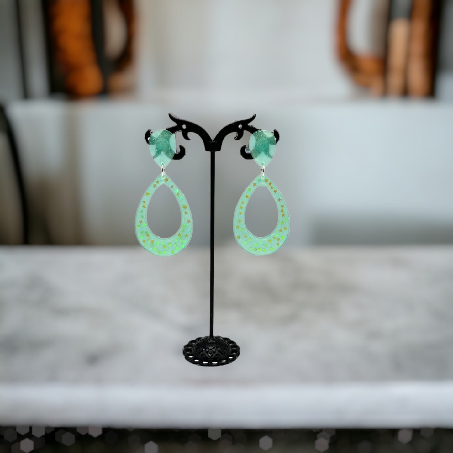 Green Open Teardrop Stainless Steel Post Drop Earrings