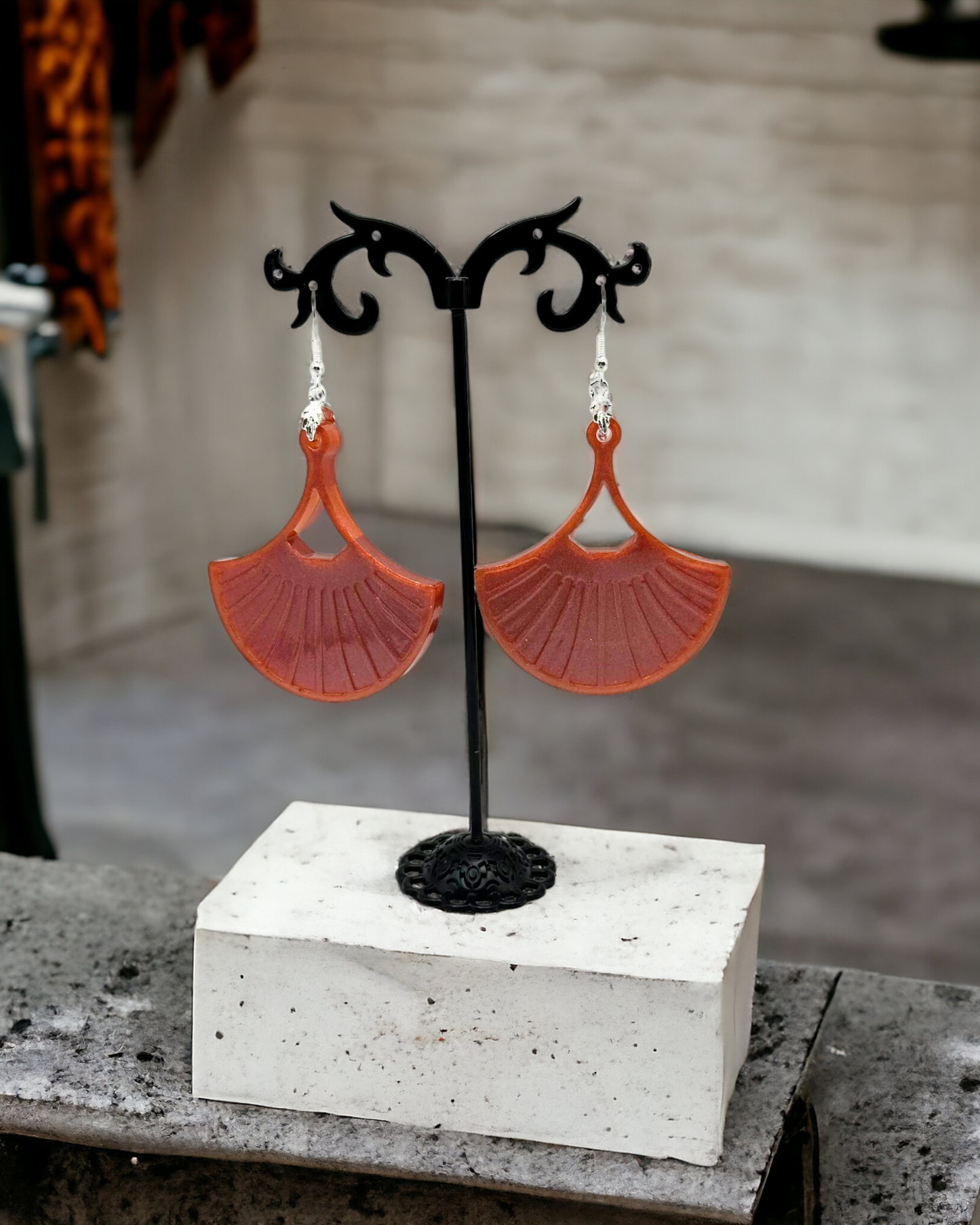 Large Fan Earrings with a Blue Green Purple Red Chameleon Effect