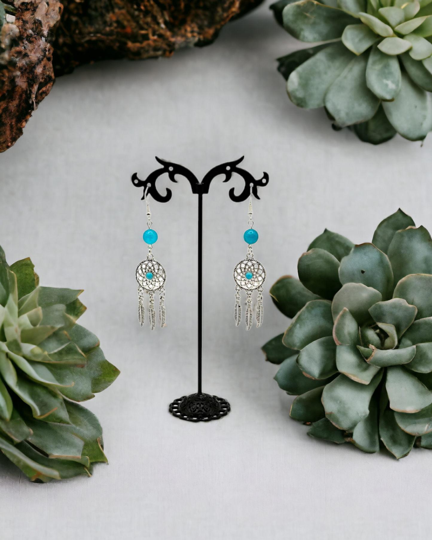 Dreamcatcher earrings with Amazonite Crystals
