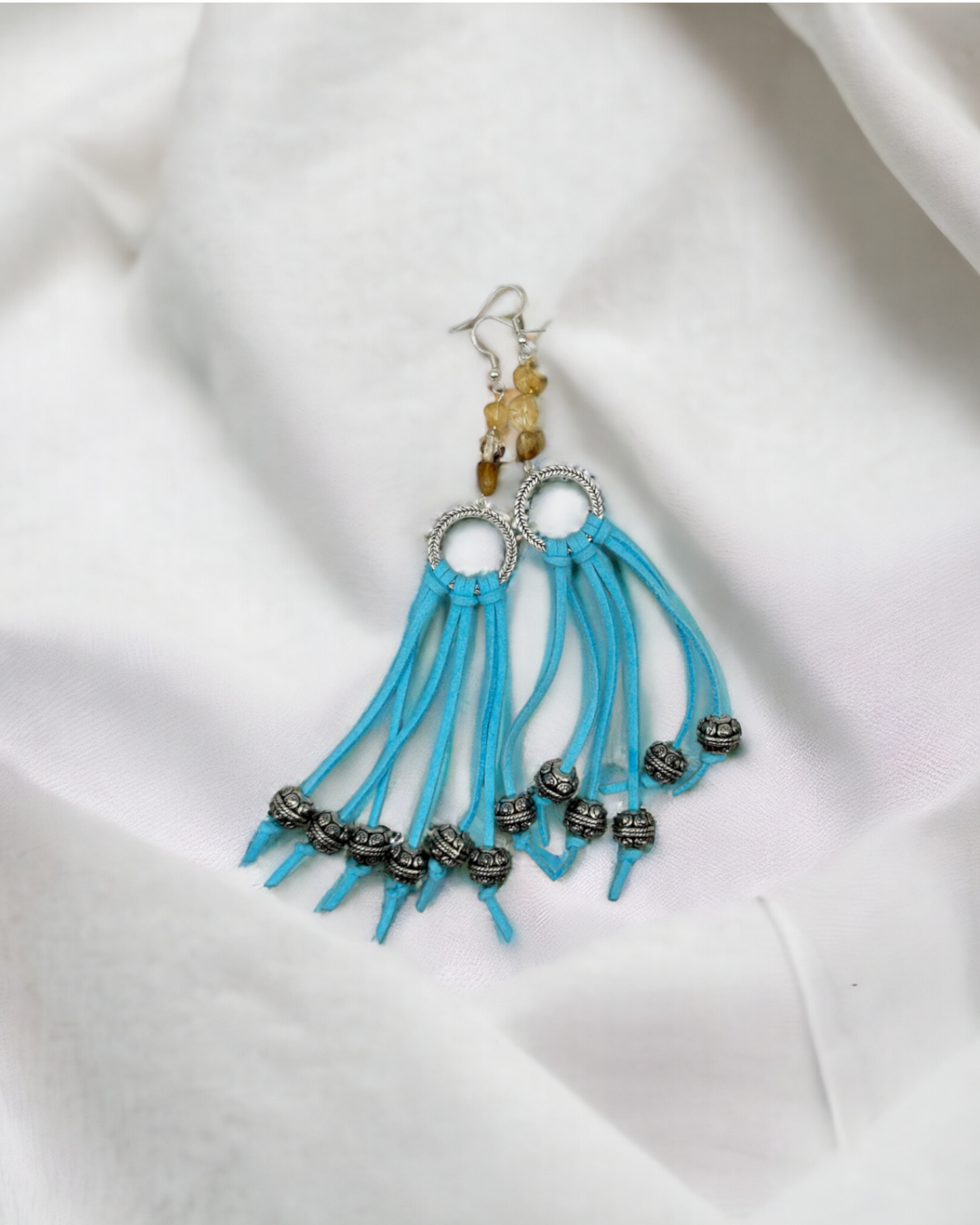 Citrine and Leather Fringe Dangle Earrings