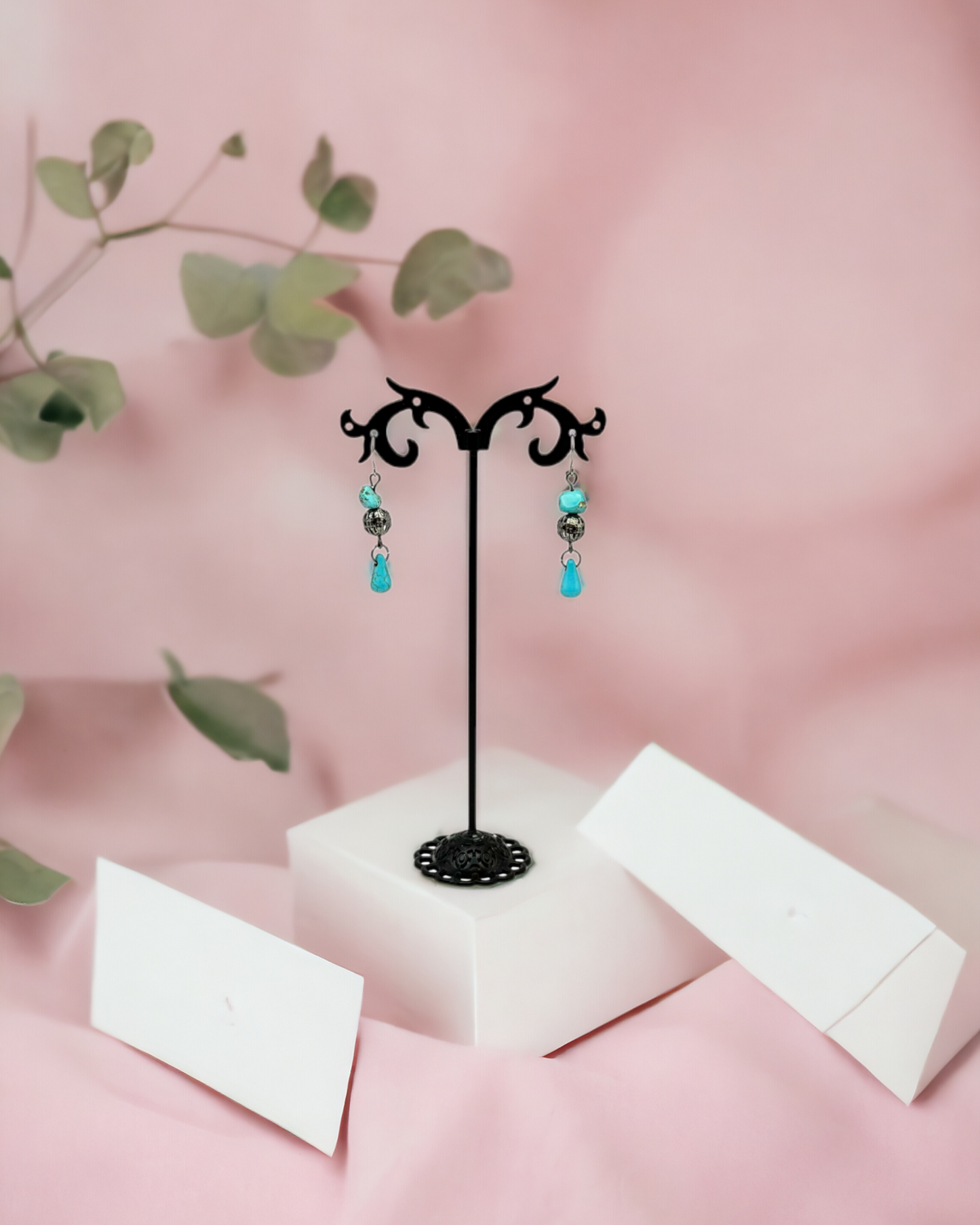 Natural Turquoise Teardrops and Howlite Nuggets Drop Earrings