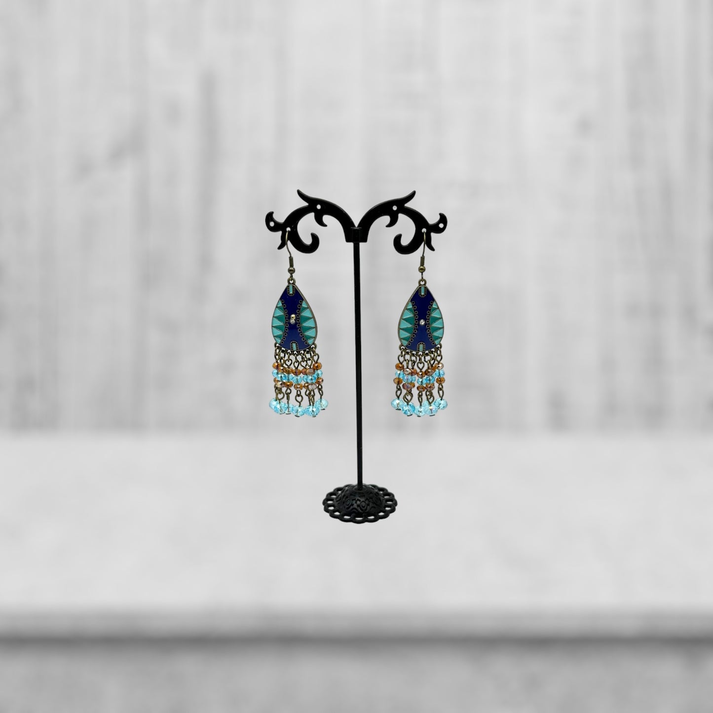 Blue and Amber Glass Crystal Earrings