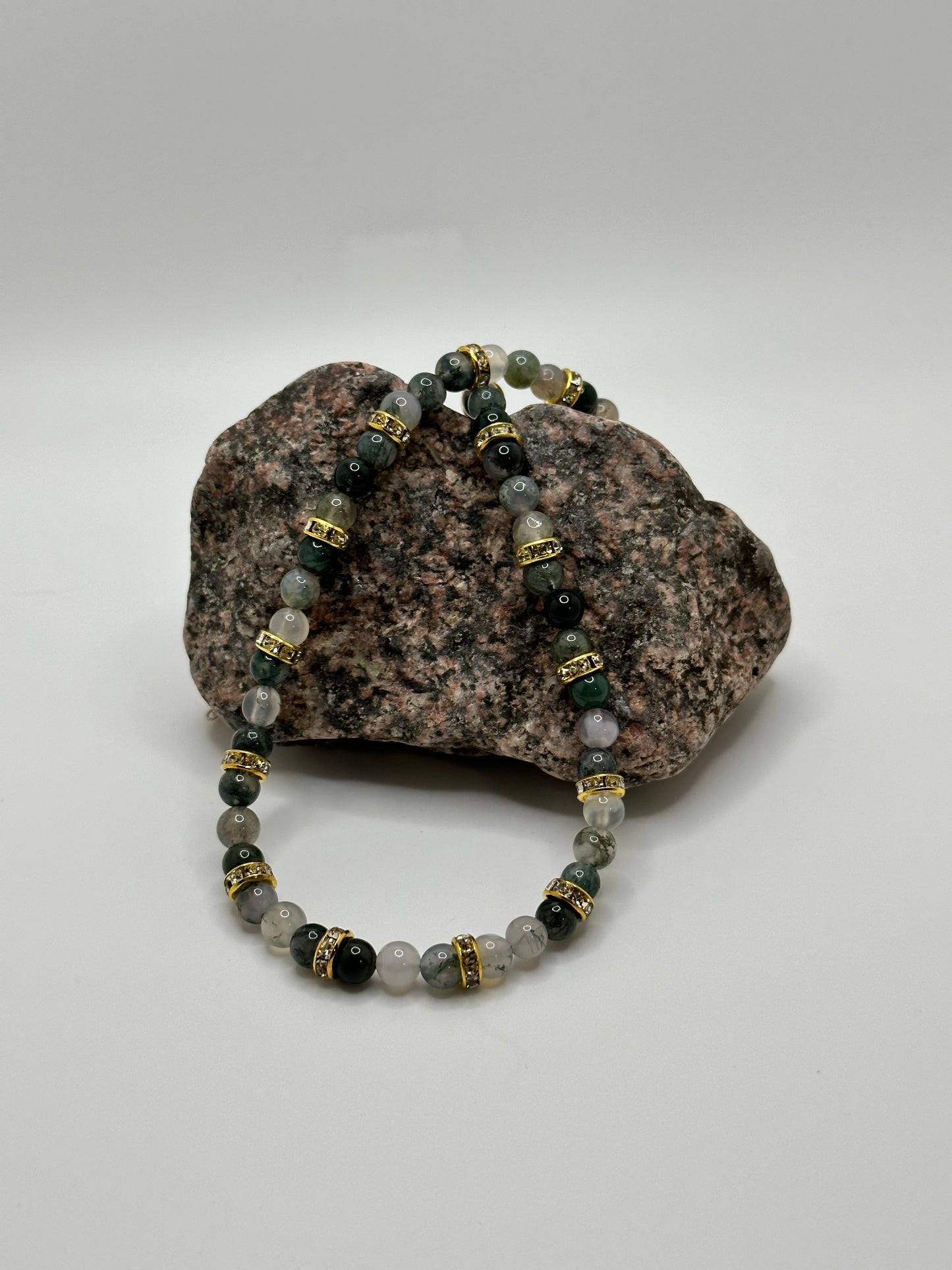 Moss Agate Gemstone Gold Rhinestone 18" Necklace