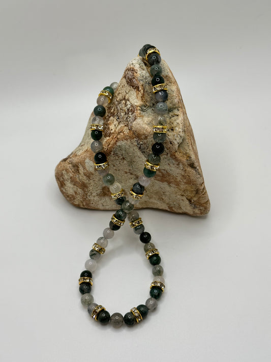 Moss Agate Gemstone Gold Rhinestone 18" Necklace