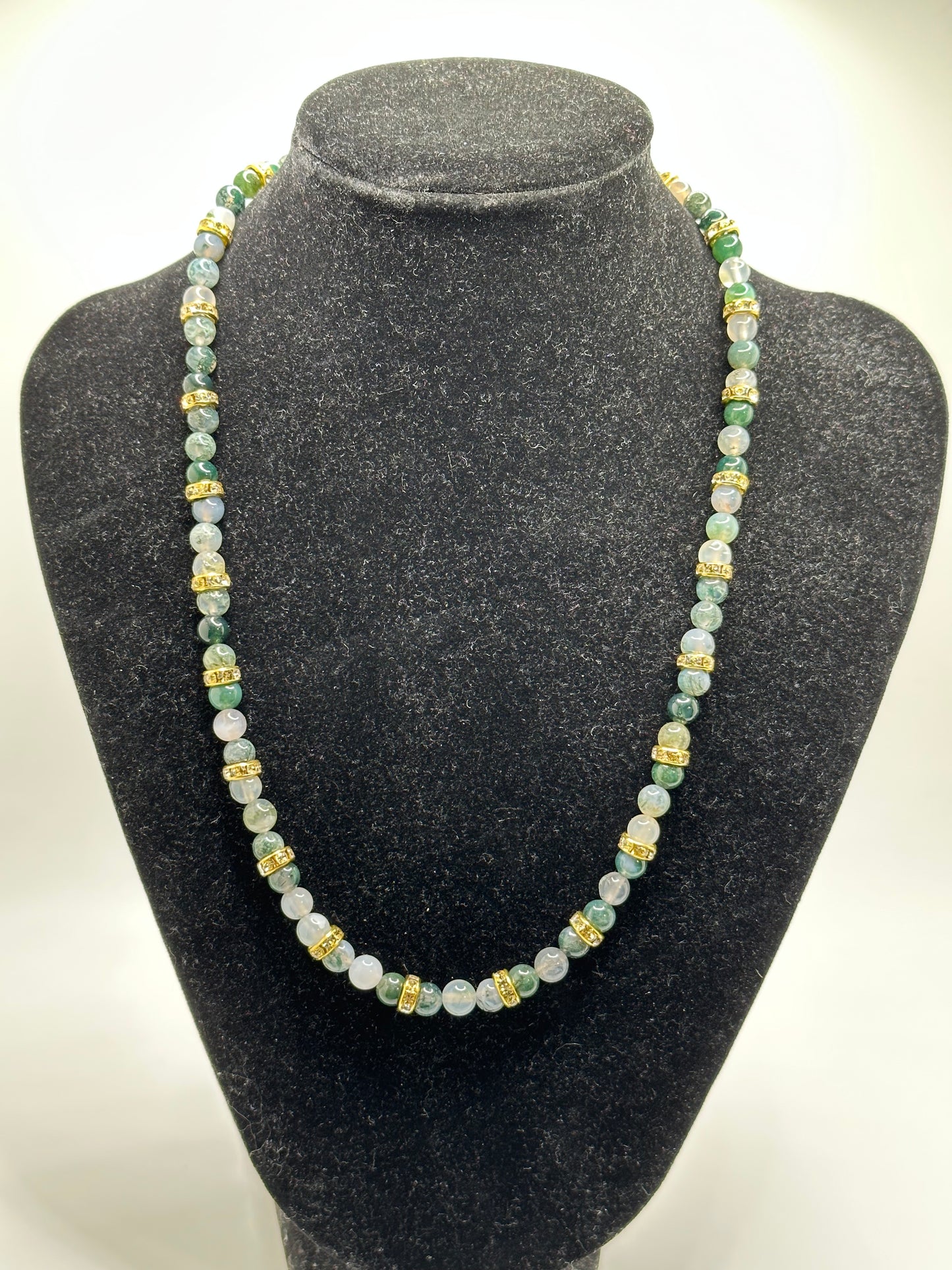 Moss Agate Gemstone Gold Rhinestone 18" Necklace