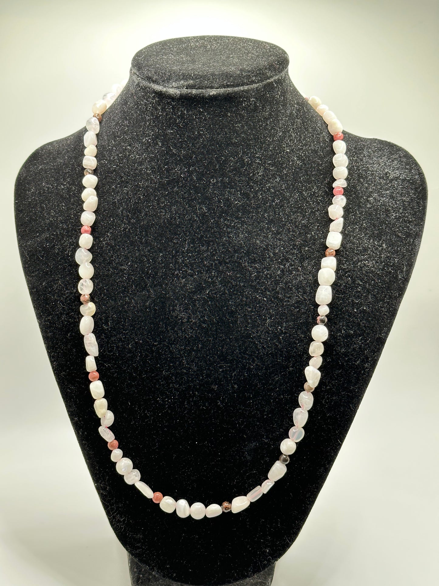 White Moonstone and Black Vein Rhodonite Gemstone 16" Necklace