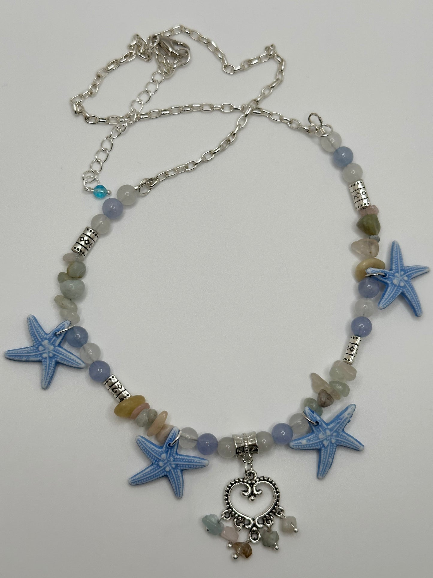 Aquamarine White Jade or White Quartz Morganite Gemstone Starfish 20" Necklace