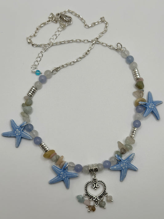 Aquamarine White Jade or White Quartz Morganite Gemstone Starfish 20" Necklace
