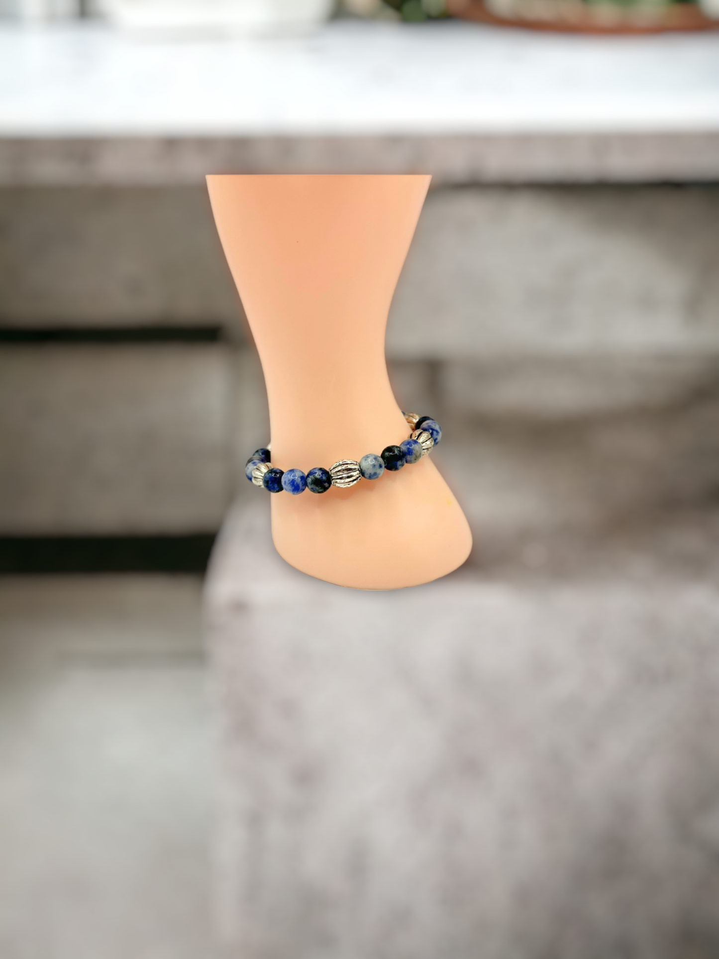 Sodalite Gemstone Antique Silver-finished Pewter Barrel Beads Stretch Bracelet