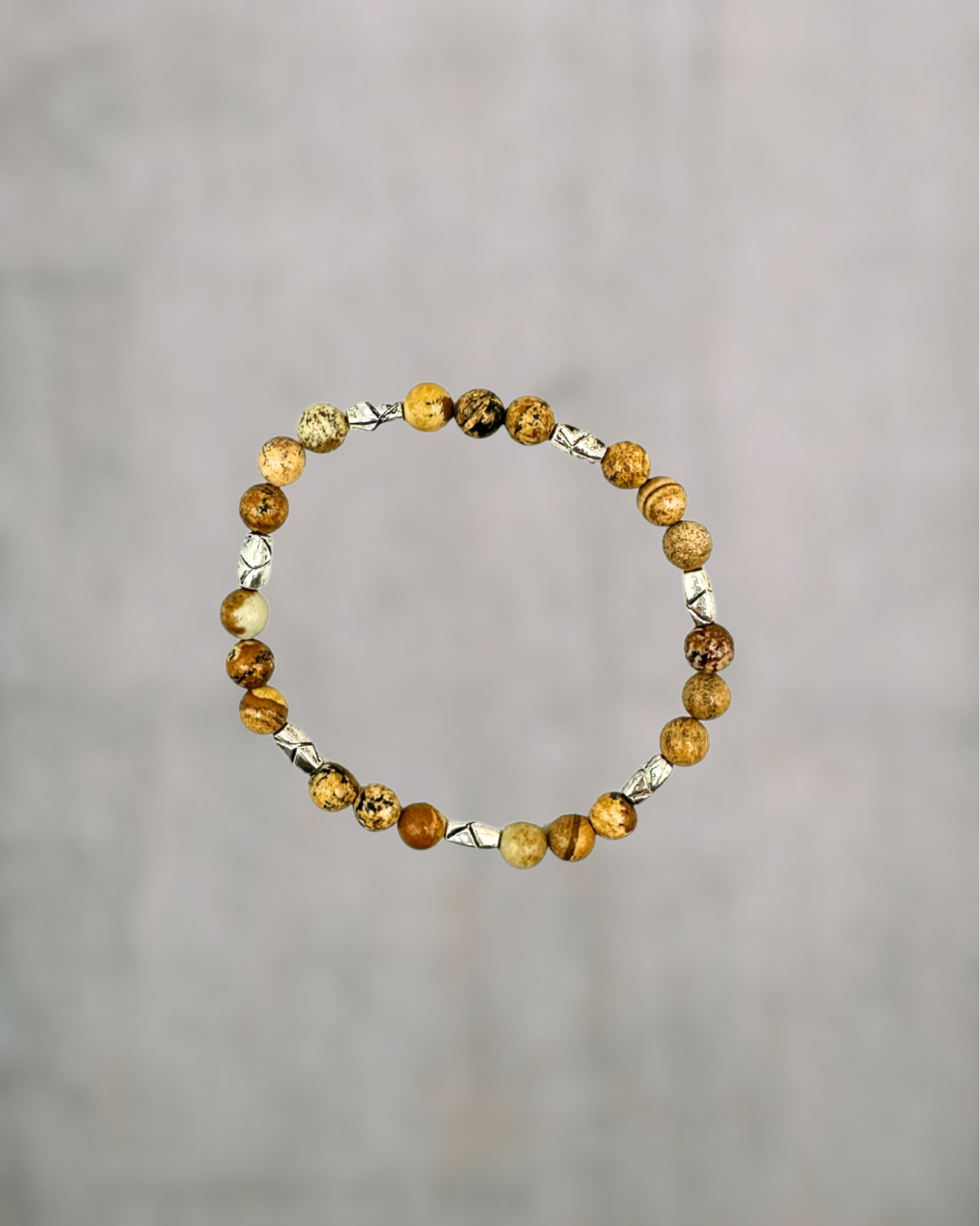 Picture Jasper Gemstone Antique Silver-finished Metal Stretch Bracelet