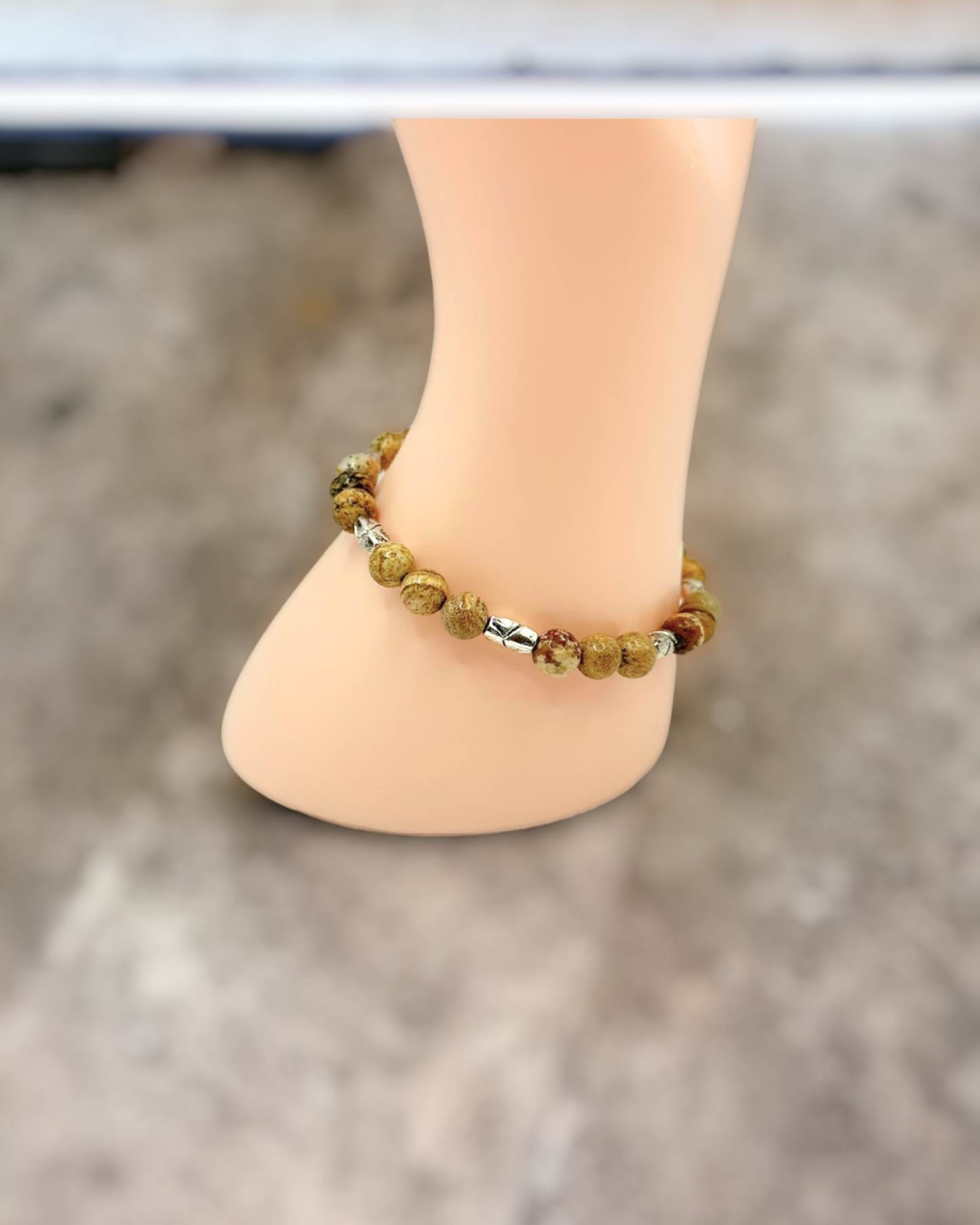 Picture Jasper Gemstone Antique Silver-finished Metal Stretch Bracelet