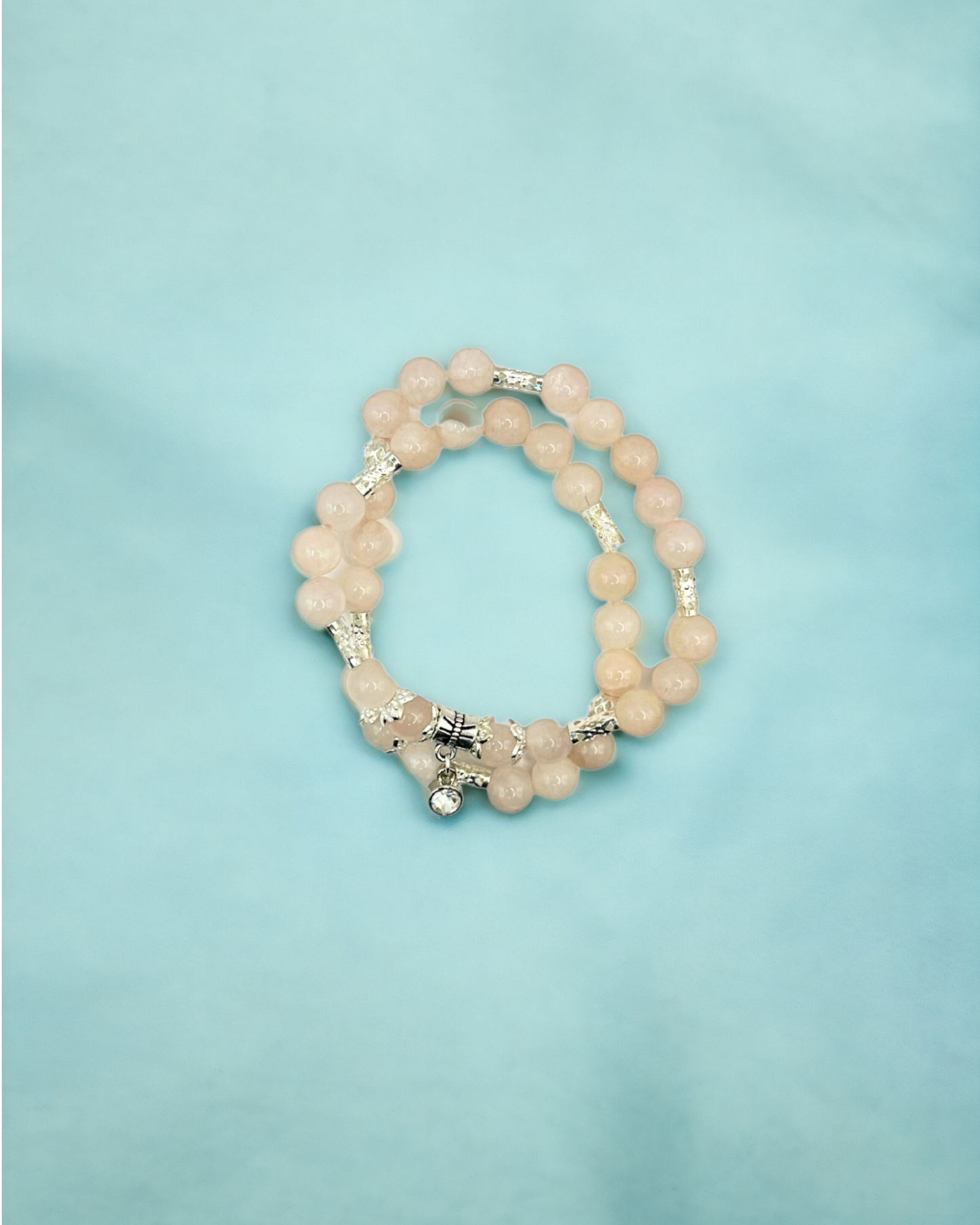Rose Quartz Gemstone Rhinestone Charm Stretch Bracelet