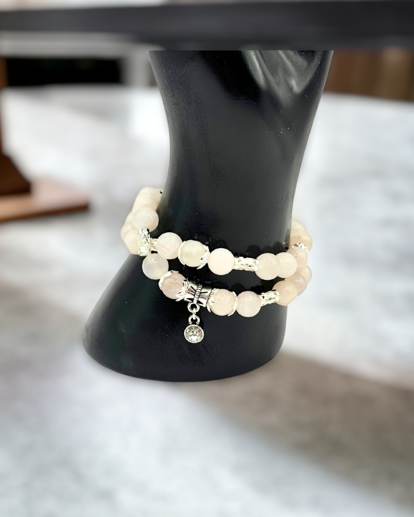 Rose Quartz Gemstone Rhinestone Charm Stretch Bracelet