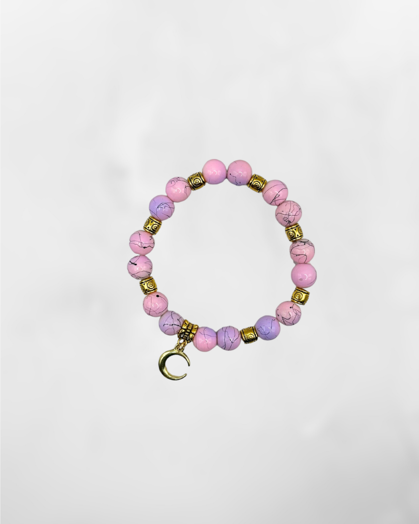 Pink & Purple Glass Bead Charm Antique-Gold Stretch Bracelet