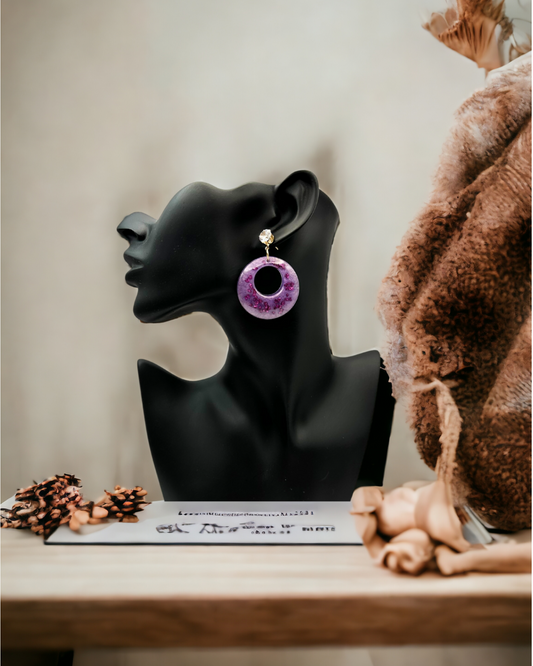 Round Purple Earrings with Purple Glass and Cubic Zirconia Gold-Plated Posts
