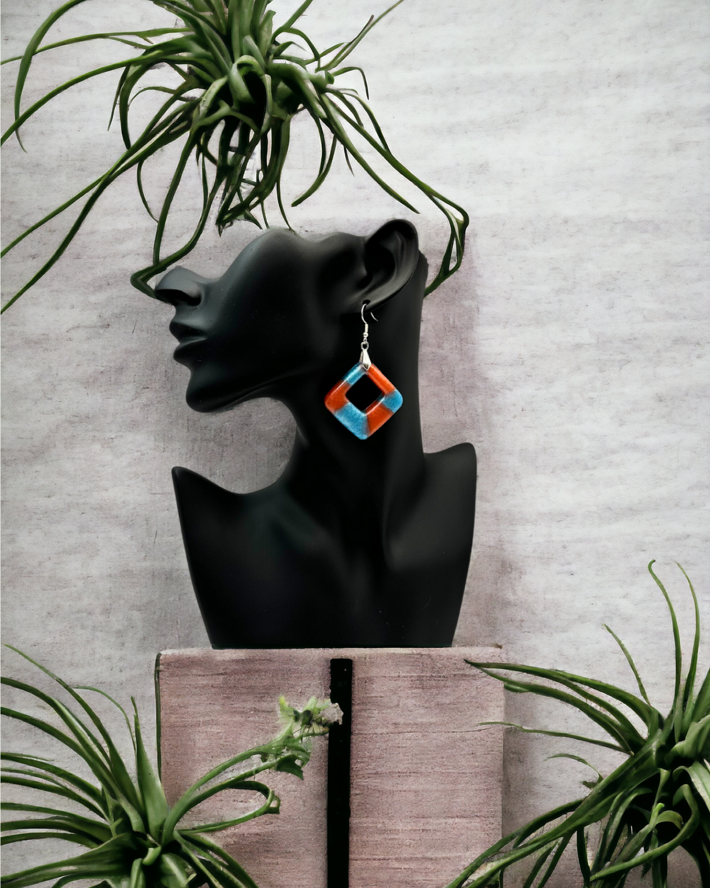 Aqua and Burnt Orange Square Cut-out Earrings