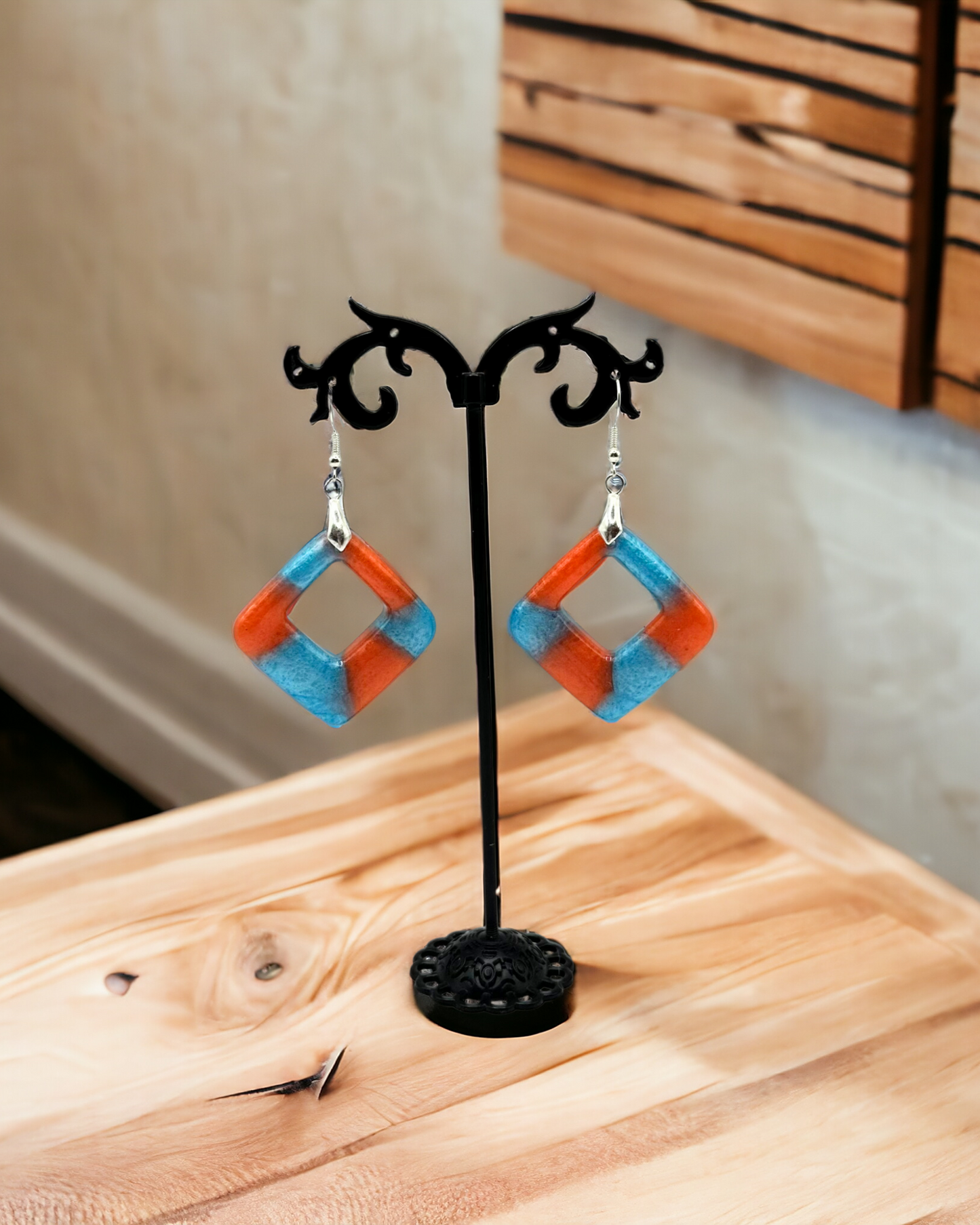 Aqua and Burnt Orange Square Cut-out Earrings