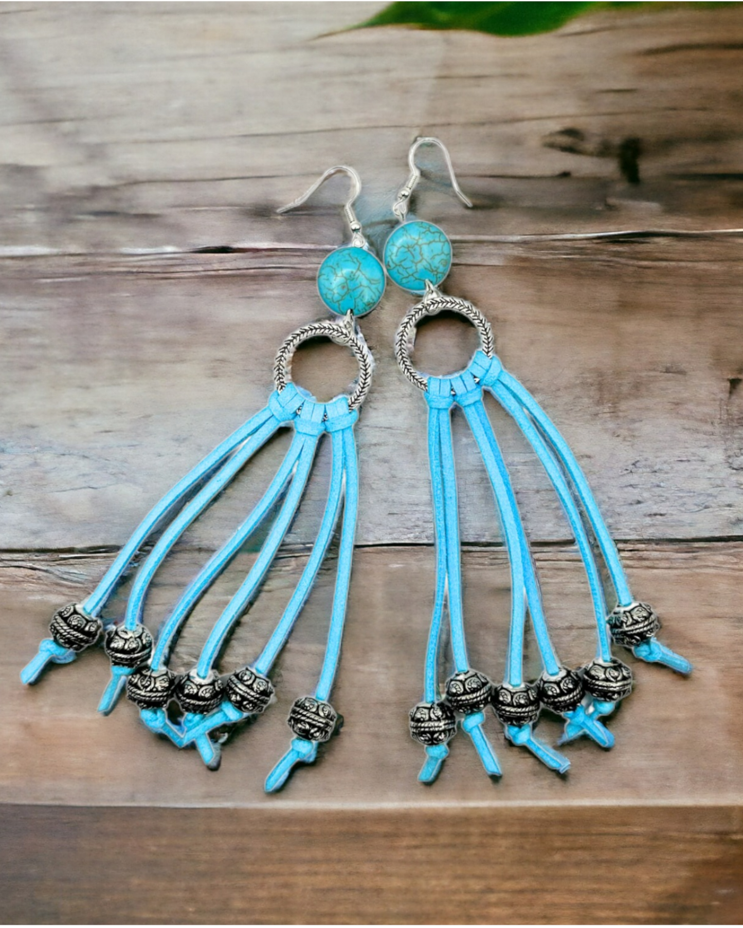 Magnesite and Turquoise Leather Fringe Dangle Earrings