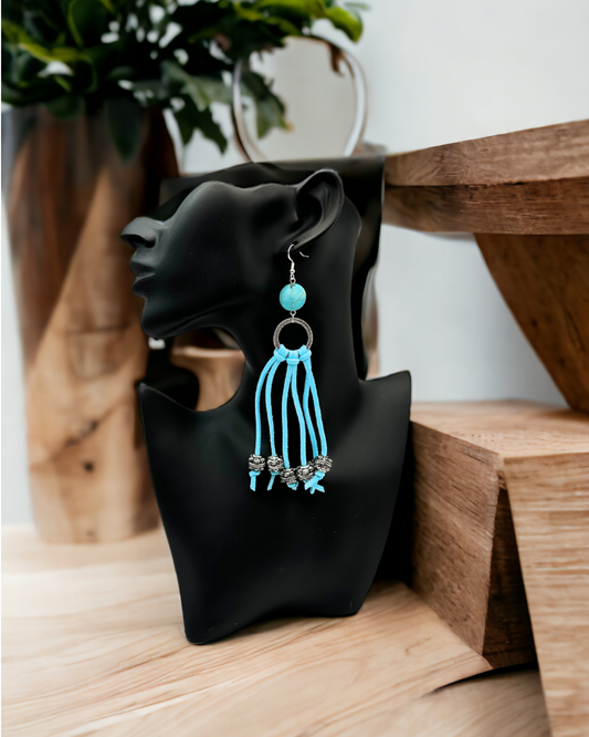 Magnesite and Turquoise Leather Fringe Dangle Earrings