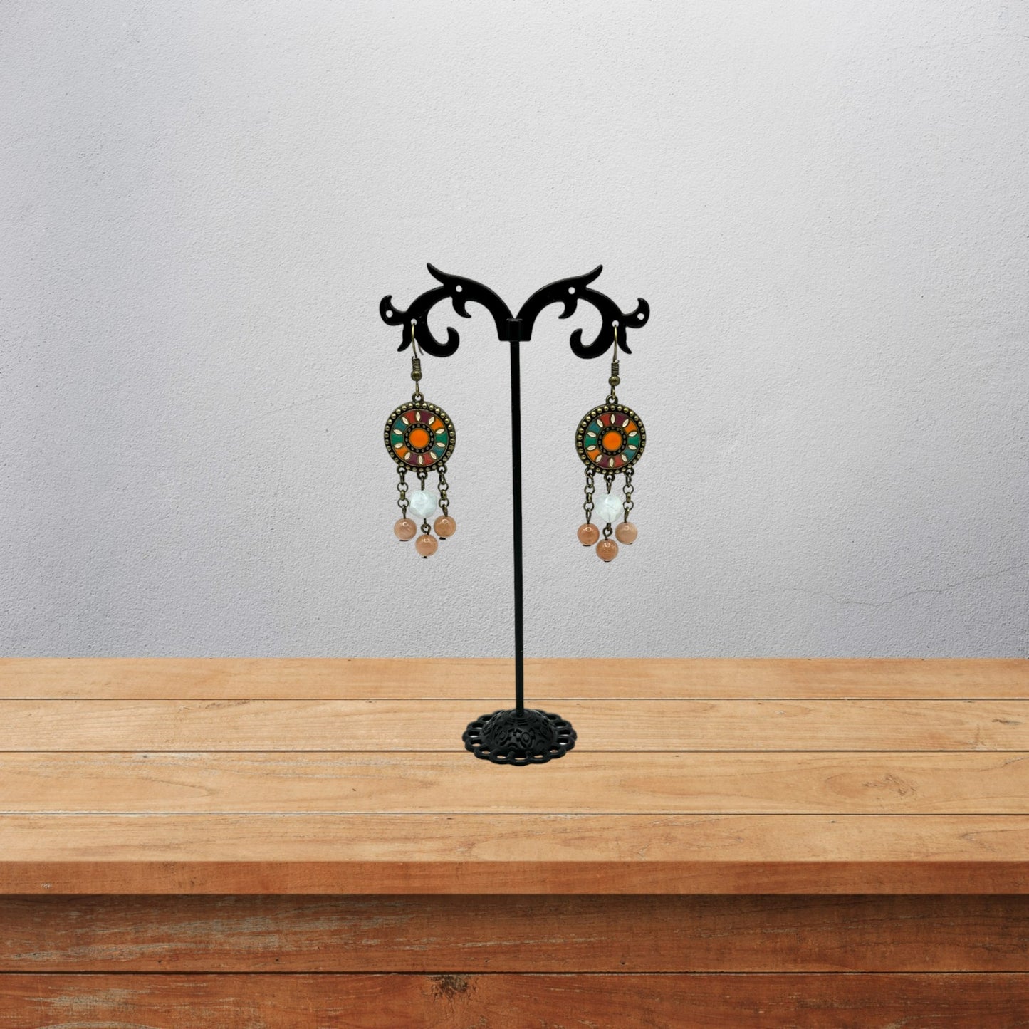 Sunstone and Aquamarine Aztec Earrings