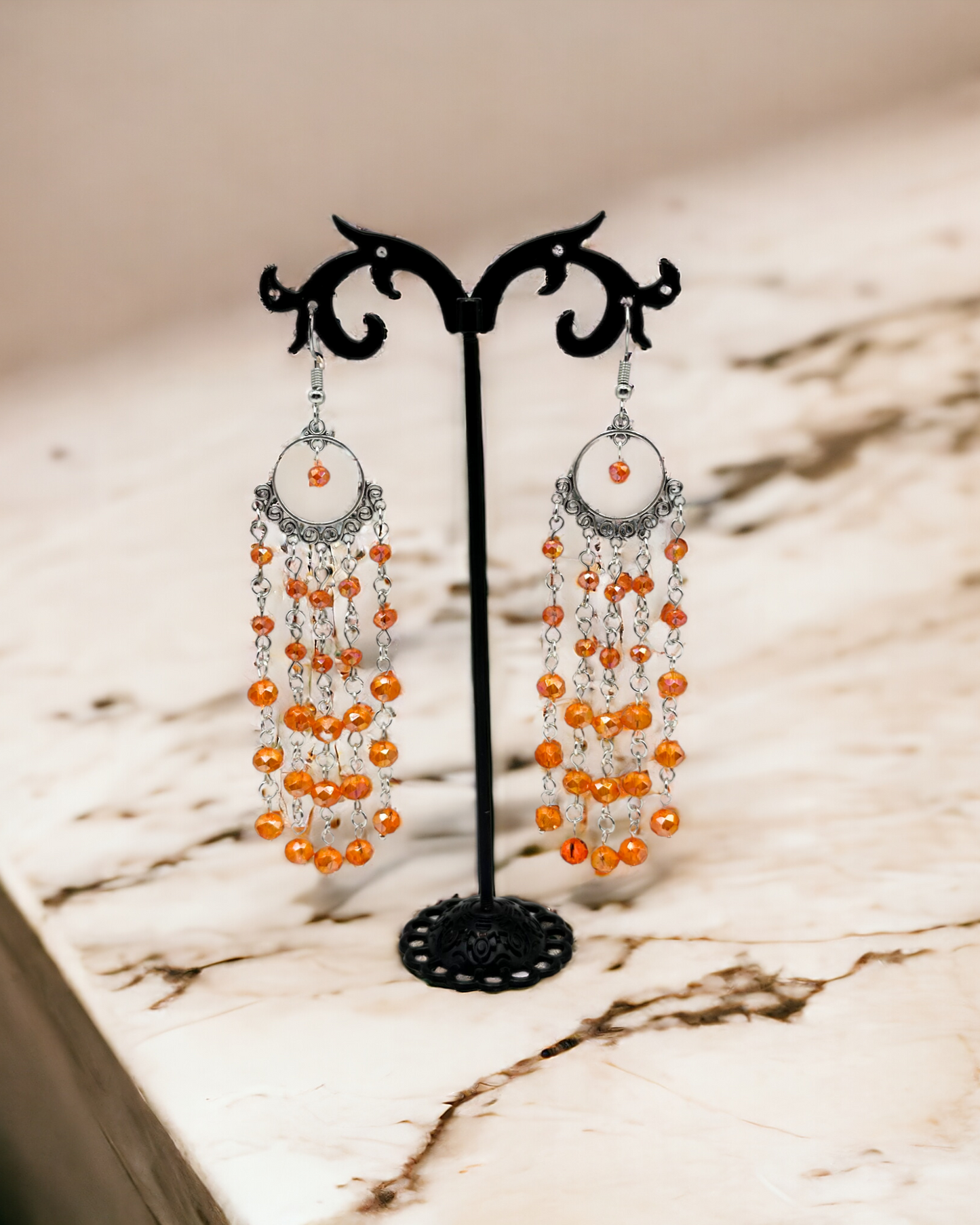 Orange Red Glass Crystals Dangle Earrings