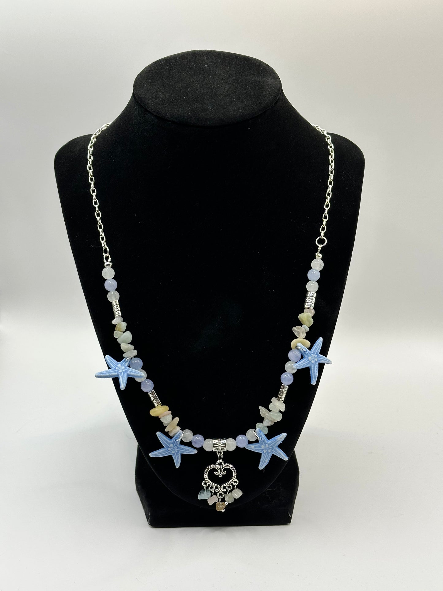 Aquamarine White Jade or White Quartz Morganite Gemstone Starfish 20" Necklace