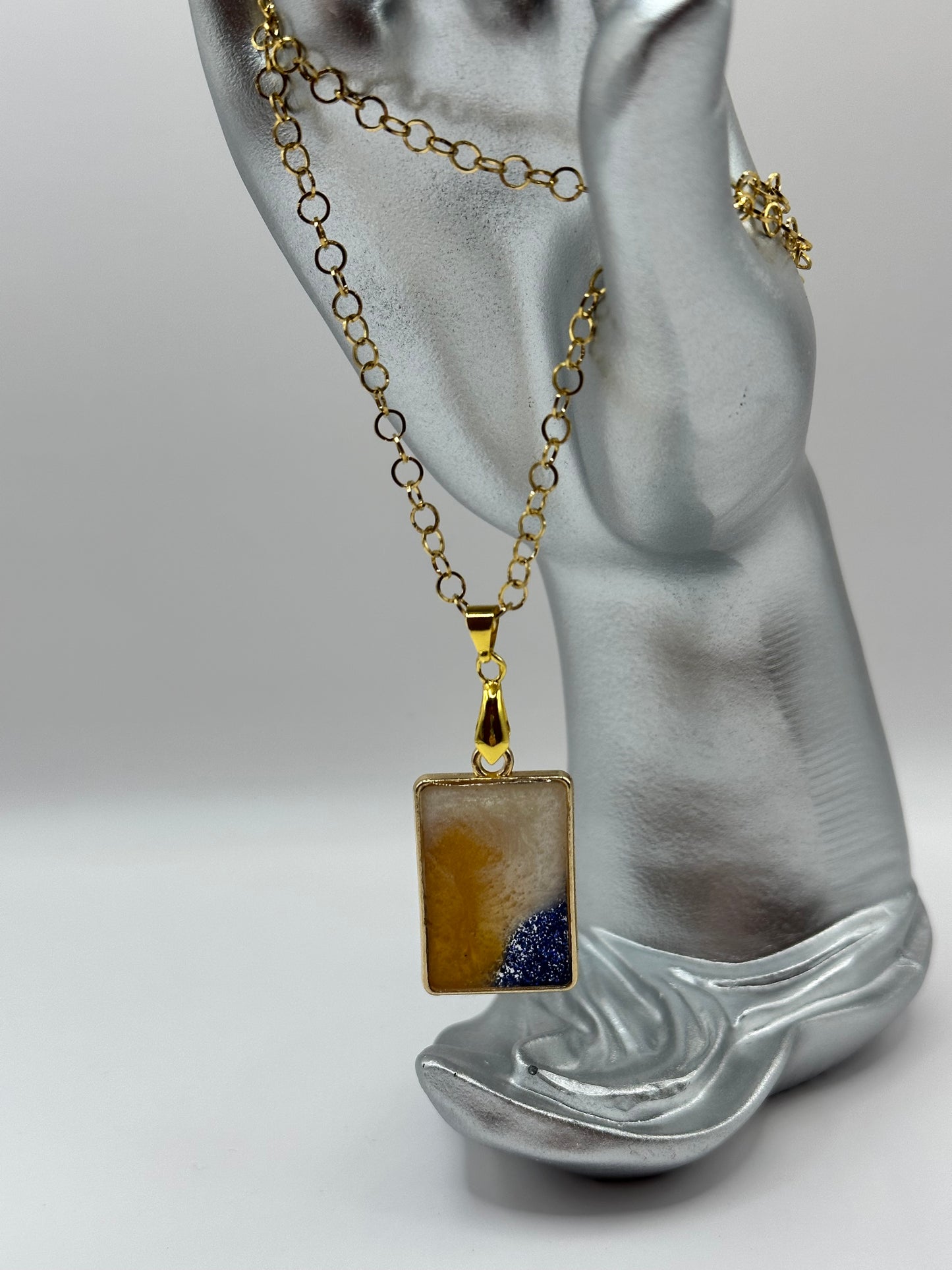 White, Gold and Blue Resin Pendant with Dark Blue Glitter